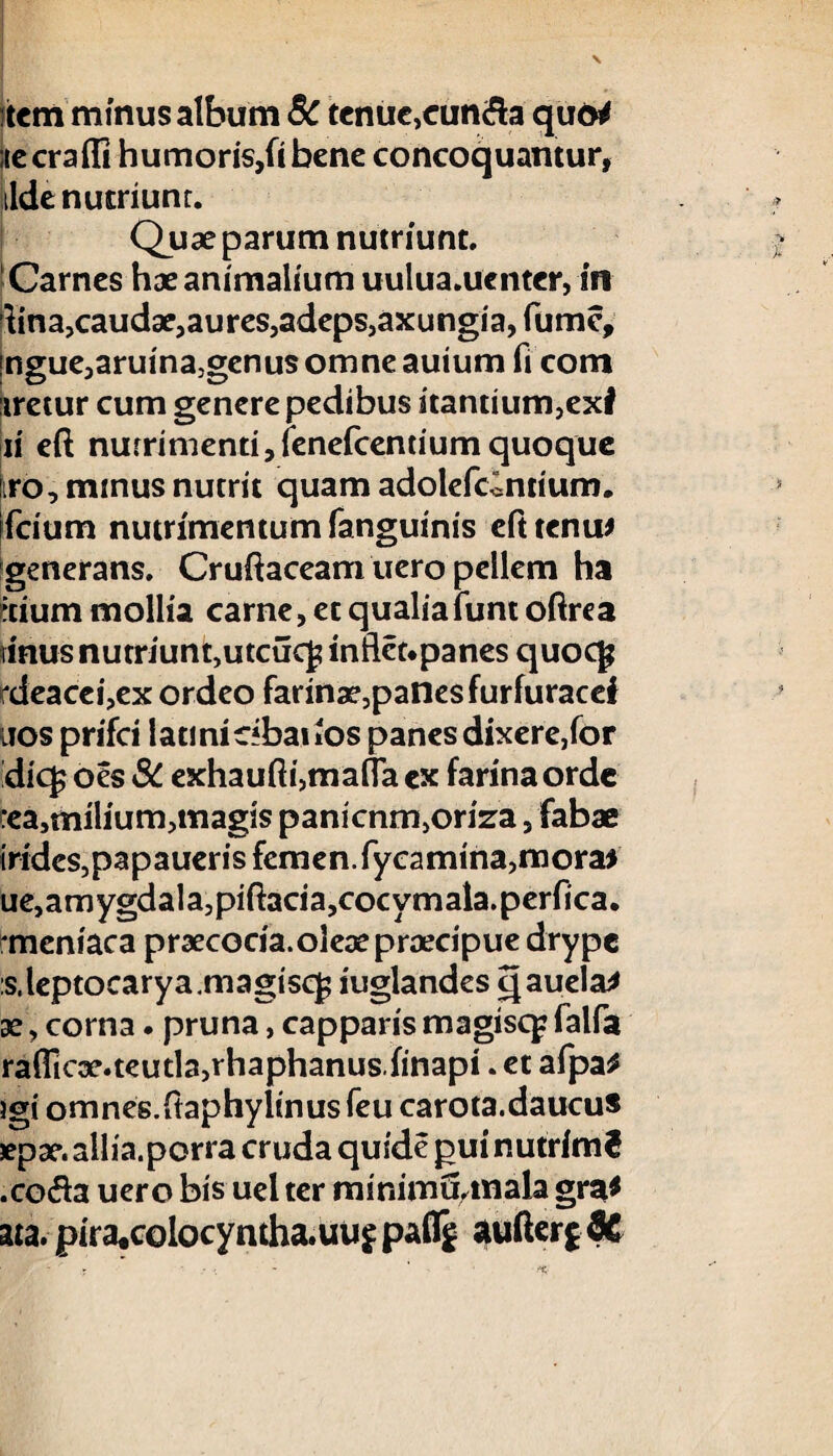 item minus album 8c tenue,eunda qud# necrafli humoris,fi bene concoquantur, ilde nutriunt. Quae parum nutriunt. Carnes hae animalium uulua.uenter, in lina,caudae,aures,adeps,axungia, fume, !ngue,aruina,genus omne auium fi com iretur cum genere pedibus stantium,ex# ii eft nutrimenti,fenefeentium quoque iro, minus nutrit quam adolefcintium. fcium nutrimentum fanguinis efttenu* generans. Cruftaceam uero pellem ha mum mollia carne, et qualiafunt oftrea unus nutriunt,utcucj; infleupanes quoq; rdeacei,ex ordeo farinae, paties furfuracef nos prifei lati ni cibarios panes dixere,for dic£ oes & exhaufti,mafla ex farina orde :ea,milium,tnagis panicnm,oriza, fabae irides,papaueris femen, fycamina,mora* ue,amygdala,piftacia,cocymala.periica. r mcniaca praecocia.oleaepraecipue drype :s.leptocarya.magisq? juglandes qauela* ae, corna. pruna, capparis magisq: falfa ra(Ticae.teutl3,rhaphanus.finapi. et afpa* )gi omnes.ftaphylinus feu carota.daucu* sepae. allia.porra cruda quide pui nutrimf .coda uero bis uel ter minimatnala gra* ata. pira.colocyntha.uuj paflj aufter$ 9C