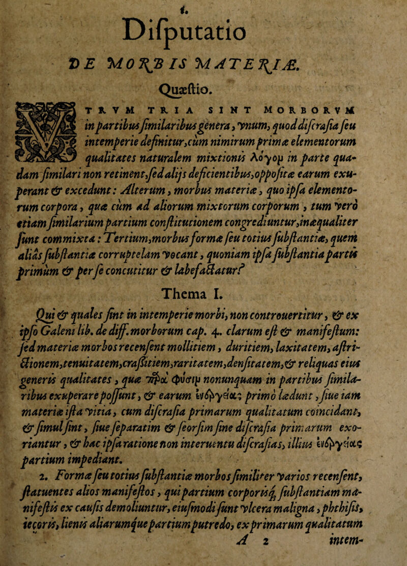 Difputatio J)E 'MOKJB IS %IATE\I&. Quasftio. TKVM T B. I A SINT MORBORVM in partibusfimilaribus genera, vnum, quod diferafiafeu intemperie definitur,cum nimirum primae elementorum qualitates naturalem mixtionis Aoyop in parte qua» damfimilari non retinent,fedalijs deficientibus,oppojitae earum e su¬ perant & excedunt: Alterum, morbus materiae, quo ipfa elemento- rum corpora, qua cum ad aliorum mixtorum corporum , tum vero etiamfimilarium partium conftitutionem congrediuntur,inaequaliter junt commixta: Tertium,morbusformae feu totiusfubftantiae, quem alias fubftantiae corruptelam vocant, quoniam ipfa fubftantiapartti primum & perfe concutitur & labe fallatur? Thema I. Qui & quales fint in intemperie morbi, noncontrouertimr, & ex ipfo Galeni lib. de dijf. morborum cap. 4. clarum eft & manifeftum: jidmateriae morbos recenfent mollitiem, duritiem, laxitatem, aftri» Sltonem,tenuitatem,craftitiem,raritatem,denfitatem, & reliquas eius generis qualitates, quae 7$ot nonunquam in partibus fimila- ribus exuperarepojfunt, dr earum l\rfyydccz primo Udunt ,Jiue iatn materiaeifta vitia, cumdifcrafta primarum qualitatum coincidant, &femulfint, fiue feparatim & feorjlmfine diferafia primarum exo¬ riantur , & hac ipfa ratione non interuentu diferafia s, illius aftyyccs partium impediant. 2. Forma feu totiusfubflantite morbosfimili^er Varios recenfent, ftatuentes alios manifefios, qui partium corporis% fubftantiam mat- nifefiis ex caufis demoliuntur, eiufinodijunt vlcera maligna, phthifis> te cor is, lients aliarumque partium putredo, ex primarum qualitatum ! ri\ A 1 intem»