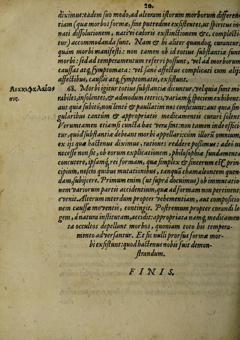 2G% diximus :eadem Juo modo,ad alteram iftorum morborum differth- tiam (quae morbosforma,fine putredine exfiftentes,ut ffiritus in¬ nati diffolutimem, nativi caloris exfiinUionem &c. complebi¬ tur) accommodandafiunt. Nam & hi aliter quando^ curantur, quam morbi manifefli: non tamen ob id totius fubflantia jitnt morbi:fedad temperamentum referri poffunt, Vel ad morborum caujfas attpjymptomata: vel fime affettws complicati cum aliji affeftibut, caufiis at q^fympt ornatis, exfiflunt. AeUO* 68. %lorbi igitur totius fiubflantia dicuntur,vel quiaJunt mi¬ me;. rabilesjnfolentes, & admodum tetrichVariam^ffieciem exhibent: aut quia fubito,non lente &paullatim nos conficiunt:aut quiafin- gularibus tantum & appropriatts medicamentis curari folent Verumtamen etiamfi cunila hac Verafintmon tamen inde effici■ t ur,quod fubflantiae debeant morbi appellarvcum illoru omnium3 ex ijs qua babenus diximus , rationes redderepofiimws: adeo ut necejfe nonfit , ob eorum explicationem yphilofophia fundamenta concutere9 ipflamur ei formam, qucefimplex &fincerum ebfprin- cipiurH, nefcio quibus mutationibus, tanqua chamaeleontem quen- damfubijcere, Trimum enim (utfuprd docuimus) ob immutatio■ nemvariorum partis accidentium,quae ad formam non pertinent\ evenit .Alterum interdum propter vehementiam, aut compofitio- nem cauffie moventis, contingit. Toftremumpropter curandi le¬ gem ,d natura infhtutam,accidit: appropriata namq3 medicamen' ta occultos depellunt morios, quoniam toto his tempera¬ mento adverfantur. Etfic nulliprorfus formae mor¬ bi exfiflunt:quodhabenus nobis fuit demon• flrandum. FINIS. \