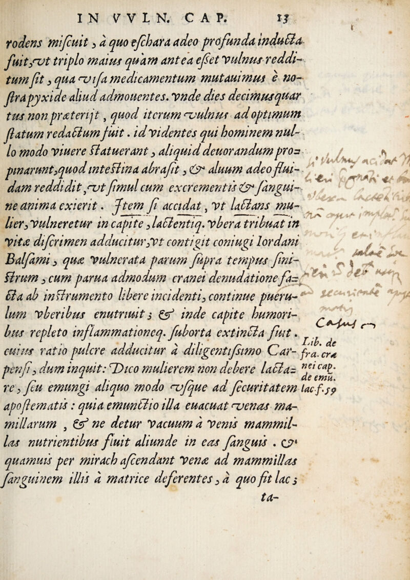 rodens mi fluit 3 k quo efcha.ro, adeo profunda induSta fuit/vt triplo maius quam antea efet vulnus reddi¬ tum ft 3 qua ^vifa medicamentum mutauimus e no- (Irapyxi de aliud admonentes, vnde dies decimusquar ■ tus nonproteri jt, quod iterum <~vulnus ad optimum fatum redactum fuit. id videntes qui hominem nul¬ lo modo viuere ftatuerant3 aliquid deuorandumpro= pmarunt3quod intestina abraflt 3 & aluum adeo flui-. dam reddidit futflmul cum excrementis &/angui¬ ne anima exierit. Jtem fl accidat, vt Litans mu¬ lieri vulneretur in capite 3 laSientiq. vbera tribuat in vita diflrimen adducitur3vt contigit coniugi Iordani Balfami 3 qua vulnerata parum fltpra tempus fini- , § Urum 3 cum parua admodum cr an ei denudationefa= ^ Sia ab inUrumento libere incidenti, continue pueru¬ lum vb er ibus enutnuit s & inde capite humori- ^ bus repleto inflammationeq. fuborta ex tincta fmt. cuius ratiopulcre adducitur k ddigentifimo Car- fra'. ‘7 e ** \ erat penfi, dum inquit: Tkico mulierem non debere LSia- n,ei cal' i j i de , re 3 fu emungi aliquo modo <-vfquc adflcuritatemiacf.jp apofiematis: quia emunStio illa euacuat <~venas ma¬ millarum , & ne detur Vacuum k Venis mammil¬ las nutrientibus fluit aliunde in eas Janguis . c?* quamuis per mirach aflendant Vena ad mammillas