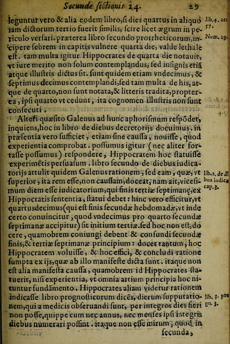 Seamde feSltoms 24. i p | — - , , y , y . , | leguntur vero & alia eodem libro3fi dies quartus in aliquo | iam di&orum tertio fuerit firoilis, fcire licet segrum in pe- S7i I l ticulo verfari. pr^terea libro fecundo pronheucorumfift- Num«2$$ xipere febrem in capitis vulnere quarta die, valde lethale tft. tam multa igitur Hippocrates de quarta die notauit, 1 *vtiure merito non folum contemplandus, fed infignis etia atque illuftris di&usfit. funt quidem etiam Vndecimus, & feptimus decimus contemplandi,fed tam multa de his, at- | que de quarto,non funt notata,& litteris tradita,propter- I ta 3 ipfi quarto vt cedunt, ita cognomen illuftris non funt : — •<$! i: confecuti . jrt:rne y• d:iig& W *il ^;i| * • Alteri quariito Galenus ad hunc aphorifmum refpodet, | inquiensjhoc in libro de diebus decretorias docuimus .iti 1 prsefentia vero fufficiet , etiam fine cauffa, nouiffe, quod experientia comprobat. poffumus igitur (nec aliter foi> 3 taffe poffumus) refpondere, Hippocratem hoc ftatuiffe experimetisperfuafum . libro fecundo de diebus iudica-* ! torijs attulit quidem Galenus rationem * fed eam, qu#, vt lib.s.deJ? fuperior * ita rem effe,non cauflam^doceat, nam ait,vieeft- bus iu(iic4 lUum diem effeiudicatoriumjqui finis tertte feptiman^,ex cap,i’ 1 Hippocratis lententia, flatui debet: hinc veroefficitur,vt quartusdecimus(quieft finisfecundse hebdomadae,vt inde certo conuincitur ,quod vndecimus pro quarto fecundas feptimanae accipitur) fit initium tertiae.fed hoc non efl,do cere, quamobrem coniungi debent & confundi fecundae finis>& tertias feptimanas principium: docettantum j hoc I Hippocratem voluiffe, & hoc effici, & cohcludi ratione fumpta ex ijs,quae ab illo manifefte di&a funt. itaque non eft alia manifefta cauffa, quamobrem id Hippocrates fla* luerit, nifi experientia, vt omnia artium principia hoc ni¬ tuntur fundamento. Hippocrates aliam videtur rationem j indicaffe libro prognofticorum dicesydierum fupputatio- lib. Pr« nem,qui a medicis obferuandi funt, per integros dies fieri 2n- *• non poffe,quippe cum nec annus, nec meufes ipfi integris j diebus numerari poffint . itaque non elfe mirum, qUod in Wr~7Z*..Zl' , ^ fecunda 5