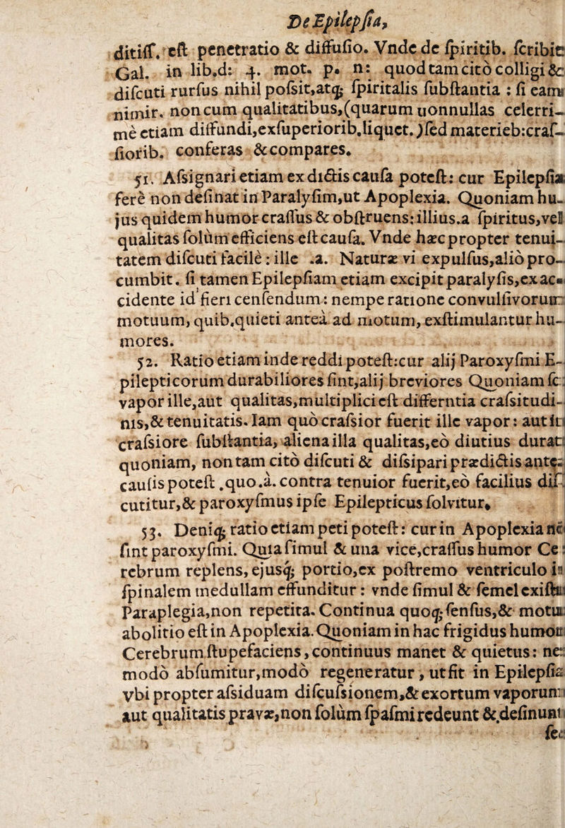 ditiff, eft penetratio & diffufio. Vndede ipiririb. fcribie Gal. in lib.d: 4. mot. p. n: quod tam cito colligi & difcuti rurfus nihil pofsit,at<£ Ipiritalis fubftantia : fi eami nimir. non cum qualitatibus,(quarum uonnullas celerri¬ me etiam diffundi,exfuperiorib.liquct. ;fed materieb:craf~ fiorib. conferas & compares. 51. Afsi gnari etiam ex didis caula potcft : cur Epilcpfia fere non definat in Paralyfim,ut Apoplexia. Quoniam hu¬ jus quidem humor craffus & obftruens: illius-a fpiritus,vel qualitas folum efficiens cftcaufa. Vnde hacpropter tenui¬ tatem difcuti facile; ille .a. Natur* vi expulfus,alio pro¬ cumbit. fi tamen Epilepfiam etiam excipit paralyfis,ex ac» cidente id fieri cenfendum : nempe ratione convulfivorutr motuum, quib.quieti antea ad motum, exftimulantur hu¬ mores. 52. Ratio etiam inde reddi poteft:cur alijParoxyfmiE- pilepticorum durabiliores fint,ali j breviores Quoniam fc vapor ille,aut qualitas,multiplicicft differntia crafsitudi- nis,&tenuitatis. Iam quocrafsior fuerit ille vapor: aut it. crafsiore fubliantia, aliena illa qualitas,eo diutius duratil quoniam, non tam cito difcuti & difsipariprsdi&is antes caufispoteft.quo.a.contra tenuior fuerit,ed facilius dif cutitur,& paroxyfmus ipfe Epilepticus folvitur* 53. Deni<j ratio etiam peti poteft: cur in Apoplcxiaflc< fintparoxyfini. Quiafimul & una vice,craffushumor Ce: rebrum replens, ejusij; portio,cx poftremo ventriculo in fpinalem medullam effunditur: vnde fimul & femclcxiftm Paraplegia,non repetita. Continua quo# fenfus,& motu abolitio eft in Apoplexia. Quoniam in hac frigidus humotr Cerebrumftupefaciens,continuus manet & quietus: ne: modo abfumitur,modb regeneratur, utfit in Epilcpfia vbi propter afsiduam difculsionem,&exortum vaporun: aut qualitatis pravae,non folum fpafmi redeunt &.definuni 1