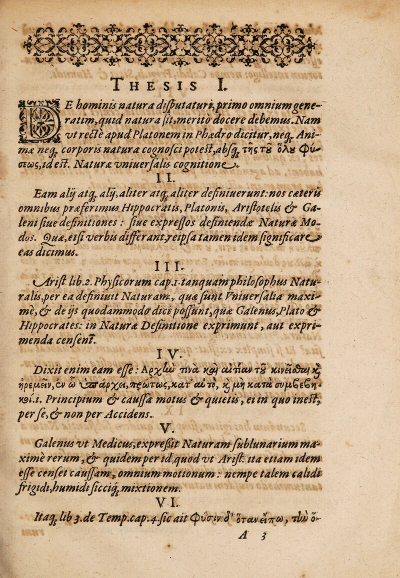 \ 5<> /Ti rt, ^ aj o <&> hj «qp-t*1 «$>. ^ Thesis L E hominis natur a dfi utatur i\ primo omniumgene- ratimtqutd natura (it,meritbdocere debemus.Nam vt reSteapudPlatonem in Phadrodicitur,ne(fc Ani¬ ma necp corporis natura cognofcipoteB,abfife t?s tS oA* <pu* ezco$,ideff. Natura vmuerfalis cognitiones. 1 L Eam ali) at ali), aliter atcp aliter defimuerunt: nos cate fis omnibus praferimus Hippoeratis, Platonis, Artjlotdis (fi Ga¬ leni fiue definitiones: fiue exprefios definienda; Natura Mo¬ dos. Qua, etfi ver bis differ antjeipfa tamen idem figmfic ares eas dicimus. I I r. Kslrifi lib.z. Phy ficorum cap.r- tanquam philofophus Natu¬ ralis per ea defimmt Naturamy, quafiint Vniuerfalia mdxi> me, (fi de i)s quodammodff dici pojjunt,qua Galenus ,Plato (fi Hippocrates: in Natura Definitione exprimunt, aut expri¬ menda cenfenT. X V. Dixit enim eam effie: k^xfiuu tui a vfif cutum tS xivetSw £ 4pepc£v,cv oo ouud, ^ fiq naibi cr^EgS^- sm.i. Principium (fi cauffa motus (fi quietis , ei in quo ineB* perfe, (fi non per Accidens., V. Galenus vt Medicus, exprefiit Naturam fublunarium ma¬ xime rerum y(fi quidem per td,quod vt Arffitaetiam idem ejfe cenfet caufiam, ommum motlonum: nempe talem calidi jrigidijjumidificciffimixtionem. VL Itaifelibj.de Temp.cap.^ficait tpvcnv fi %fcui«tcm, ih) o*-