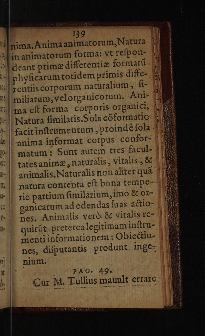 139 | | nima. Animaanimatorum, Natura | inanimatorum forma: vt refpon- Ideant primz diffcrentiz formarü phyficarum totidem primis diffe- 'rentiiscorporum naturalium, fi- 13 miliaram, velorganicorum. Ani- 15 t| ma eft forma corporis organici, |! -| Natura fimilatis.Sola cóformatio Jc facitinftrumentum , proindé fola 4 anima informat corpus confot-4l matum: Sunt autem tres facul- ? tatesanimaz , naturalis ; vitalis ,&amp; ^ animalis. Naturalis non aliter quá ! natura contenta eft bona tempe- 3 rie partium fimilàrium,i1mo &amp; or- 1^ ganicarum Ad edendas fuas a&amp;io- || nes, Animalis veró &amp; vitalis re- quirct. pretercalegitimam inftru- menti informationem : Obie&amp;io- j| ME nes, difputantis produnt. inge- | S nium. ü s PAG. A49. Gur M. Tullius mauult errare: