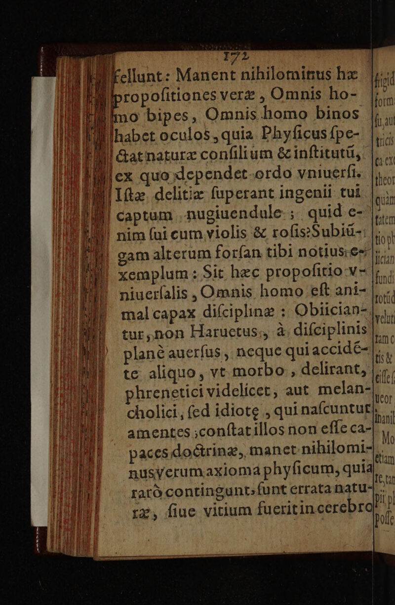 — e E E ERR —— Á-— — Ó E Es — — Dm — ] 172 lKellunt: Manent nihilominus hz B oooieonc vere Omnis ho- |; Imo bipes, Omnis homo binos | ad e CIT | hb ———— m lll Gat naturz confilium &amp; inftitutü, lj ex quo dependet-ordo vniuerft. II Iíia. delitiz: fuperant ingenii tui l| Captum nugiuendule ; quid e- !l nim (ui cum violis &amp; rofis:Subiü-: M mM m—— — RT B qn l | Ems NN OMM aat nope em xemplum ; Sit hec propofitio-v- niuerfalis , Omnis homo eft ani- mal capax diícipling : Obiician- tur,non Haructus;, à; difciplinis plané aueríus , neque qui accidé- |. te aliquo , vt morbo , delirant, |. hreneticividelicet, aut melan-| cholici, (ed idiotg , qui nafcuntut; amentes ;conftatillos non effe ca- paces doctring, manet nihilomi-. nusyerumaxiomá phyficum, quia raró contingunt»funt errata natu- tz, fiue vitium fueritincerebro