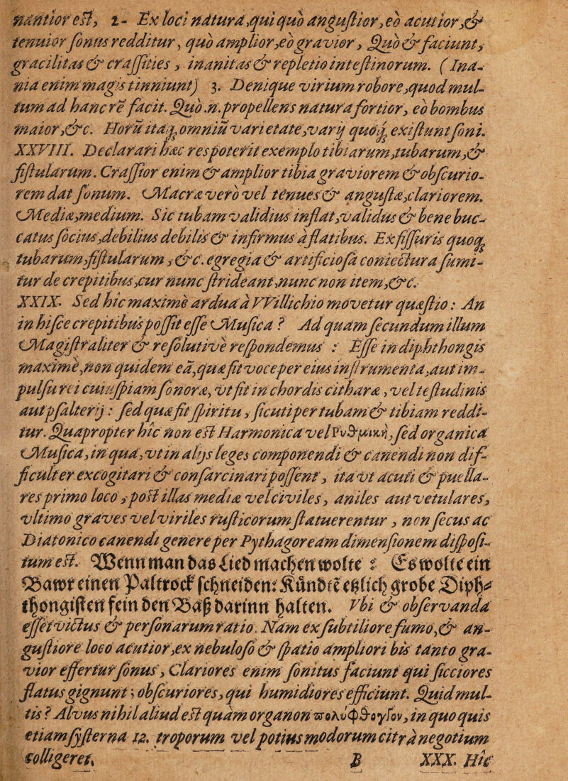 'mntioreB, i - Ex loci ndturd,quiquo angufiior, eo acutiori tenuior fontis redditur , quo amplior fio gravior, (fim&faciunt? gracilitas & crajjhies , inanitas (fi repletio inteftinorum. (Ind- md enim magis tinniunt) 3. Denique virium robore,quod muL tum ad hanc re facit, fipub.n.propellens natura fortior, eo bombus maior,&c. Horti ita^ omnia vari etate/varq quo)1 exifhmtfini. XXVIII. Declarari hac res pote fit exemplo tibiarum,tubarum,(fi ffiularum. Crafflor enim & amplior tibia graviorem &obfiurio- rem dat 'fanum. CMacra vero vel tenues & qngufla,clariorem. (Medi a,me dium. Sic tubam validius inflat,validus (fi bene huc- c at usfocius,debiliusdebilis Crmfirmusaflatihus. Exfijfurisquoq tubarumfifluiarum ,&C. egregia & artificiofd conieffurafumi- turde crepitibus,cur nuncftrideant,nunc non item,&C. XXIX. Sed hic maxime ardua a VFillichio movetur quxfiio: An in hifie crepitibuspofft effe SXlufica ? Ad quam fi eundum illum CMagiflralitef cf refilutiv}refbondemus' : Effeindiphthongis maxime,non quidem ea, qua fit voce per eius infirumenta,aut tm pulfiirci cmiffiiamfonora, vtfit in chordis cithara> veltefiudinis autpfalterij: fid quafitfifiiritu, fietttiper tubam (fi tibiam reddi- iur. tfiuapr opter hic non esi Harmonica vel fed organica CMuficafinquavtinalqsteges componendi (fi Canendi non dif¬ ficulter excogitari &confarcinaripoffient, ttdvt acuti & puella¬ res primo loco ,poB illas media velciviles, aniles autvetulares, v It imo graves vel viriles rufi icorumflatuerentur, nonficus ac Diatonico canendi genereper Pythagoream dimenfionem dijfiofi- tumetf. £tet> macf^rn woitt t gfmltaiti Cgawr mm t&icf} en fetu Denos Darmn fyalttn* vk & obfervanda effiet villus (fi perfluarum ratio. Nam exfubtiliorefumo,(fi an- guftiore loco acutior,ex nebulofi & (fi at io ampliori bis tanto gra¬ vior effertur fenus, Clariores emmfonitus faciunt qui ficciores fiatusgignunt; obfiuriores,qm humidiofes efficiunt. fimdmuL lis? Alvus nihilaliudeB quam organon^oKvCpB-oyfov, in quo quis etiamjyfierna te. troporum velpotius modorum citra negotium volhgerefe  “ “ ' fi XXX Uk