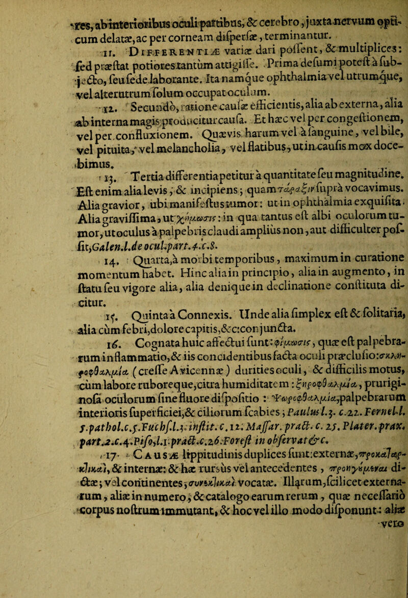 ^res,abmterioribusoculi partibus, Sc cerebro, juxta nervum opti¬ cum delata?,ac per corneam ddperfae> terminantur. i r, D i f f e R e n t i je variae dari polfent, & multiplices: fed prodat potiorestantum attigille. Prima delumi poteft a fub- •jedfco, feufede laborante. Ita namque ophthalmiavel utrumque, velaltemtrum folum occupat oculum. Secundo, ratione caulae edi cientis, alia ab externa, alia .ab internamagis produciturcauia. Et haec vel per congeftionem, vel perconfluxionem. Quaevis harum vel alanguine, vel bile, vel pituita** vel melancholia, vel flatibus* utiacaufis mox doce- .bimus* -r! . ■* r 13. T erda differentia petitur a quantitate leu magnitudine* enim alia levis , & incipiens; quamfupra vocavimus. Alia ^ravior, ubi manifeftu s tumor: ut in ophthalmia exquifka. Alia ^raviflima* ut : *n cpa tantus efl albi oculorum tu¬ mor,oculus a palpebrisclaudi amplius non, aut difficulter pot fityGalenJJe ocuUpan.4^S. 14. Quarta,a morbi temporibus, maximum in curatione momentum habet. Hincaliainprincipio, alia in augmento, in ftatufeu vigore alia, alia denique in declinatione confticuta di¬ citur. xf. Quinta a Connexis. Unde alia flmplex efl & lblitarla, alia cum febri,dolore capitis ,<3cc:conjun£ta. \6. Cognata huic afte<dui funt- <plumns, qua? efl: pal pebra- ruminflammatio,& iis concidentibusfa&a oculi praeclufio:<ncA>/- fQ<p9z\y,t& (crefle Avicennae) duritie s oc uli, 6cdidicilis motus, ciim labore ruboreque,citra humiditatem:'gtieoyQd&f/Ja,, prurigi- nola oculorum fine fluore difpofltio r c<p$ctKy,ia,palpebrarum interioris fupeificiei)& ciliorum fcabies; Paulus l. 3. c.zi. FerntlL f.patbol.c.f.Fuchf.L^inftit. c. 12. Majfar. pratt.c. zs. Flater.prax* partv2*c.^.Fifid*i-prdit.c.z6:Foreft in ohfervat&c. rij. & C a u s as lippitudinis duplices (unt:externg,^f internae: & hx rursus vel antecedentes , vrfQtiyvpwai di-> &ae j vel continentes, (ruvutlix,*) vocata. Illarum,fcilicet externa¬ rum , aliae in numero, & catalogo earum rerum, quae neceflarib corpus noftrum immutant, & hoc vel illo modo difponunt: aliae . vero