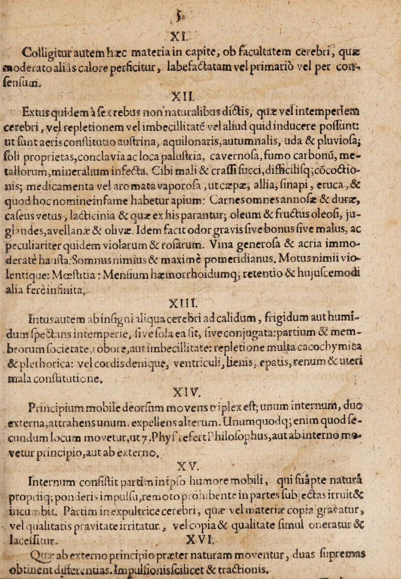 I 'XV Colligitorautemhxc materiain capite, ob facultatem cerebri, quse moderato alias calore perficitur, labefactam vel primarib vel per cosm fenfuaa„ XIL Ex tus quidem a fex rebus non naturalibus di&is; qiiae vel intemperiei cerebri, vel repletionem vel imbecillitate vel aliud quid inducere poliunt* otfunt aerisconllitutio auftrina, aquilonaris,autumnalis, uda 6c pluviola; £oii proprietasjconclaviaaclocapaiuftria, cavernofejfumo carbonu, mc- ta 1 i oro m, m in er a! ru m infefe. Cibi mali & craf35feci,difScilifq;c6co61io- nis; medicamenta vel aro mata vaporoia, utcspas* allia, hnapi, eruca quod hoc nomineinfaine habetur apium: Car nes omnes an noik 3c durar, cafeus vetus, lacHcinia & quae ex his parantur; oleum & frudus oleofi, ju~ gbndes,avelian;e& oiivs. Idem facit odor gravis hvebomis live malus, ac peculiariter quidem violarum &roiirum. Vina generola 3c acria immo¬ derate haaifarSomnus nimius &r maxime pomeridianus» Motus nimii vio- ientique* Moeftitia: Menlium liaemotrhoidumq, retentio $£ hujulcemodi alia fcreinfinita^ xm. Fn tus autem abinligni aliqua cerebri ad calidum, frigidum aut humi-- dum (pedans intemperie, livelolaea lit, live conjugatatpartium 31 mem¬ brorum (ocie cate,i oboLe,autimbeciilitate: repletione multa cacochymifia 'deple thorica: vel cordis denique, ventriculi, lienis,epatis, renum & uteri mala conftitutio ne» XIV.  , Principium mobile deorffim movens triplex efe; uetim internum, duo externa,at trahens unum, expellens alterum. Unumquodq; enim quodfe- cundum locum mo vetur,ut 7 .Phy i refer t.p hilolophus,aut ab interno veturprincipio,aut ab externo» m. 7 S XVr• V,: ; ’ Internum coniiflit partiminipfo humore mobili , qui fiiapte natata propriiq; ponderis impuilu^remotoprohibente in partes lubsedasirruitdc incu bit. Partim in expultrice cerebri, qflar vel materia copia graVatur, - vel qualitatis pravitate irritatur, vei copia & qualitate fitiuil oneratur 3C laceilitur. >, it/, XVI; Qnr ab externo principio praeter naturam moventur} duas fepremas obtmen t d iffet * uaas.Impulfionisfbilice 13c tradioms.