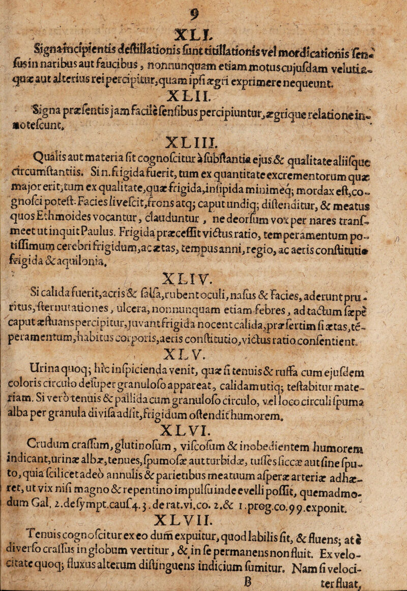 Slgmmdflentis iMhxionu fhntMMotnsirel morScatimisTm* iusin naribus aut faucibus , nonnumquam etiam matuscujufdam veluiLsu. <P* W dtcms reiperciptair, quam ip fi argd exprimere nequeunt XLIL Signa przientisjam facile (eni ibus perdpiunturjXgdque relati onein~ aotelcunt — X LIII. Qualis aut materia fit cognofcitur afubftamk ejus &quditatealiifque circumflandis. Si n.frigidafuerit, tum ex quantitate excrementorum quae major eiit-tum cxqu£!itate,quxfrigida,iniipidamii]im<k|; mordax eft,co« gnofei poteft- Facies iivefeit/rons atqj caput undiq; diflenditur, <3c meatus quos Ethmoides vocantur, clauduntur , ne deorfum vox per nares tranL meet ut inquit Paulus. Frigida prarceffitvidus ratio.temperamentumpo- ti(limum ceieon frigidum,ac xtas, tempusanni, regio» ac aeris conflitutk feigida 3c aquilonia, & XLIV. Si calida fiierit,acrisac faifa,rubent oculi,naius & Factes, aderuntpru * i ritus3!fternutationes ulcera, nonmmquam etiam febres, ad tadlum fxpg ; caput afftuanspercipiturquvantfrigida nocent calida,prarfertim (iattas,td- peramentum, habitus corporis,aeds conftitudo,vittas ratio confentient ; XLV. Urina quoq; lue inlpicienda venit, quxn tenuis3c ruffa cum ejufdetn coloris circuio delupergranuiofoappareat, calidamutiq- teftabitur mate» Si vei o tenuis & pallida cum granulofo circulo, v,el loco circuli Ipuma alba per granula uivilaadlit,frigidum oftendit humorem, XL VI. Crudum craflum,glutinofum, vifcolum & inobedientem humorem indicant, urinxalbx, tenues, Ipumclxautturbidx, tulles ficese aut linelpu- to, quia fcilicetadeo annulis & parietibus meatuum alperx arterix adhx- ret, ut vix nili magno 8c repentino impulfiiinde evelli poffit, quemadmo¬ dum Gal. a.delyrnpt.cauf^.deratvi.co. z.6c i.prog.co.oo exponit : xl vii. Tenuis cognofcitur ex eo dum expuitur, quod labilis (it, &fluens; at« diverfo crailus in globum vertitur, & in fe permanens non fluit. Ex velo- i citate quoqj fluxus alterum diftinguens indicium fumitur. Nam (i veloci- ,;/ / / ■ B ter fluat.