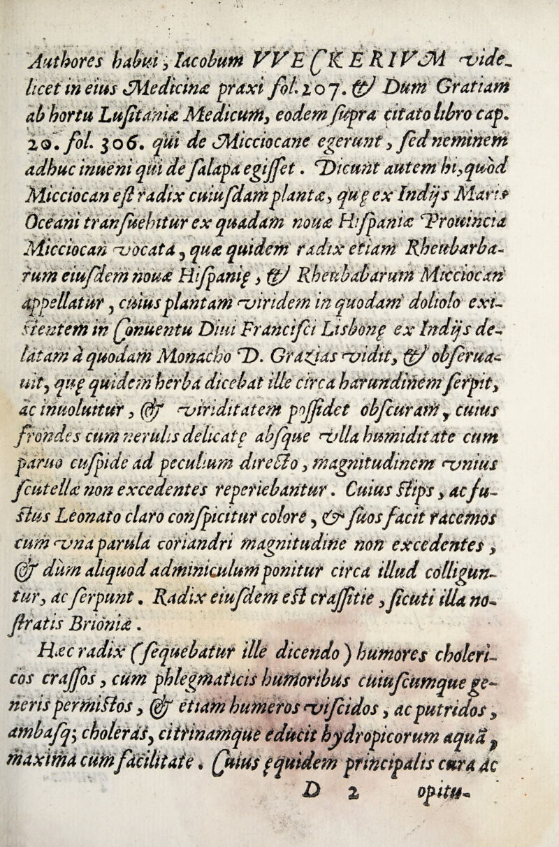 V* . V- 'Authores W0itacobmH VVEQSUSRlVSM licet in ems SMedicinx praxt fil. io j.(£lJDUfn Gratiam ab 'horta Lufidnix Medicumj eodemfkpra titato 19. fiL 3 05. qui de SMicciocane egerunt, fednctnincm adhuc imehi qui defatapd egijfet. cT)icutit autemhi^quJod Micciocan ef radix cuiiifdamplanta), fug exlndijs Mari» tfceaniirdnfuehitut ex quadam notia RiJpania SFronincia Micciocan njocdtd3 quaquideM radix etiam Rheubarba¬ rum eiufdem noud Hifpanig Khetihabaium Micciocan' appsllatUr, cuius plantam ‘-viridem in quodam' doliola exi- stentem in Qonuentu Diiii FrUnd/ci Usbonf ex Indijs de¬ latam dquodam Monacho rD. Gtasias txndit) obferua* uitj qug quidem herba dicebat ille circa hdtundificmferpit> 'ac inuoluittir ,($f ‘-viriditatem pojf det obfcUram | cuius frondes cum nendis delicate abfque mdla humi dii at e cum pamo mfptde dd peculium dire Sio 3 magnitudinem mnius fcutella non excedentes repetiebantur. Cuius Stips, ac fu¬ sius Leonato claro confpicitut colore, & fios facit f acernos mm rvnaparuld coriandri magnitudine non excedentes, (djp diirn aliquod adminiculum ponitur circa illud colligun¬ tury ac ferpunt. Radix eiufdem e St crajftie ,fcuti illa no- fi'ratis Bridnia. Hac radix (fequebatur ille dicendo) humores cos craffos, cum phlegmaticis hunioribu neris permistos 3 (pjg etiam humeros n/fcidos, ac putridos ambafp choterdiy ciitinamque educit hydropicorum aqua i ‘:M r1' ' * Quitis p quidem principalis cura ac D % V- i -. ■- 1 maxima cii