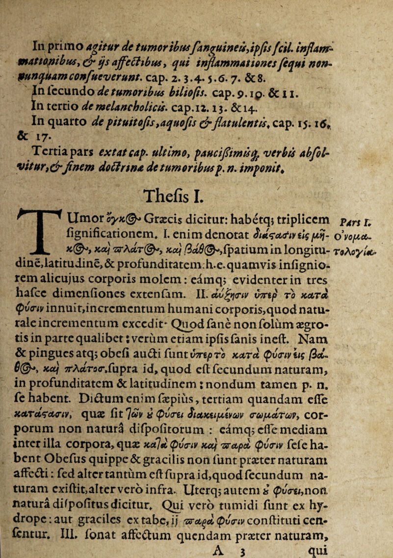 In primo agitur de tumor ibusfanguineisytpfis fcil* inflanr- mati opibus, & ijs affettibus, qui inflammationes jequi non- punquam confueverunt* cap. 2.3.4.5. (5.7. & 8. In fecundo de tumoribus biliofis* cap. 9. ip.&n. In tertio de melancholicis* cap.iz. 13. &14. In quarto pituitofis9aquofis&flatulentis* cap. 15. itf, & 17- Tertia pars ex tat cap* ultimo, pauciflimisfc verbis abfol- vitur9drfinem doftrtna de tumoribus p. n. imponit♦ Thefis I. Ttlmor Graecis dicitur: habetqj triplicem p4rs j, fignificationcm, I. enim denotat $id<cct<fiv ug fiij- ovopoo- Koij '3rAc6r@^, Koij /3*0®*,lpatium in longitu- roAoyU* dine,latitudine>& profunditatem:h.e. quamvis infignio- remalicujus corporis molem: eamq; evidenter in tres hafce dimenfiones extenlam. II. dufyrtv V7rtp ro koltoL <pvriv innuit,incremcntum humani corporis,quod natu¬ rale incrementum excedit- Quod fane non folum aegro¬ tis in parte qualibet; verum etiam ipfis fanis ineft. Nam & pingues atq> obeli au£H funt v7rtpro koltcL tyvcrtv itg (id,** u,d\ 7rhdro<rXuprz id, quod efi: fecundum naturam, in profunditatem & latitudinem; nondum tamen p. n. fe habent. Di&um enim fepiiis, tertiani quandam efle xctrdsctrtVi quae fit l&v x (piteru ficiKvpcivw ccopot/vuiv, cor¬ porum non natura difpofitorum : eamqjcfle mediam inter illa corpora, quas xd]d pva-iv Koij Txretpd <pi><rtv fefe ha¬ bent Obefus quippe & gracilis non funt praeter naturam affe&i: fed alter tantum eftfupra id, quod fecundum na¬ turam exiftit, alter vero infra. Uterqj autem i <ptW,non natura difpofitus dicitur* Qui vero tumidi funt ex hy¬ drope: aut graciles ex tabe, ij <pu<nv conftituti cen- fcntur. IIL fbnat affc&um quendam praeter naturam, A 3 qui