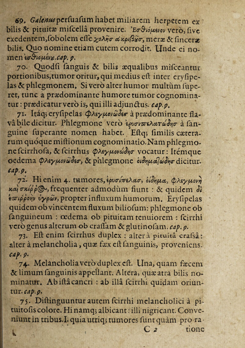 69* Gd/^/^pcrfuafumhabet miliarem herpetem ex bilis & pituitae mifcella provenire. 'Er&tofjww vero, five exedentem,fobolem effe %o\yj<r cCxpifixr, merae & fincerae bilis. Quo nomine etiam cutem corrodit. Unde ei no¬ men 'HT&lGjUiVX.Cap. p. 7°. Quodfi fanguis <5c bilis aequalibus mifceantur portionibus,tumor oritur, qui medius cft inter eryfipe- las & phlegmonem. Si vero alter humor multum fupe- ret, tunc a prxdominante humore tumor cognomina¬ tur : praedicatur vero is, qui illi adjun&us. cap.p. 71. Itaq;eryfipelas (pteyiAovvJtr apraedominante fla* va bile dicitur. Phlegmone vero ctTauStjr a fan- guine fuperante nomen habet. Eftq; fimilis extera¬ rum quoque miftionum cognominatio.Nam phlegmo¬ nefcirrhofa, &fcirrhus (pteyptovcifycr vocatur: Itemquc Oedema tyMypovaStr, & phlegmone bifyfActlufyc dicitur. cap. /?. 72. Hi enim 4. tumores, \pvirmikcLr-> ol^fxct, (pteypiovrj xa) tnttpfrequenter admodum fiunt : & quidem Si tTsrtppiiiv vypav, propter influxum humorum. Eryfipelas quidem ob vincentem fluxum biliofum: phlegmone ob fanguineum : oedema ob pituitam tenuiorem : fcirrhi vero genus alterum ob craffam & glutinofam. cap. p. 73. Eft enim fcirrhus duplex : altera pituita crafsa: alter a melancholia, quae faex eftfanguinis, proveniens. cap. p. 74. Melancholia veroduplex eft. Una, quam fecem & limum fanguinis appellant. Altera, quae atra bilis no¬ minatur. Ab iftacancri : ab illa fcirrhi quidam oriun¬ tur. cap.p. 75. Diftinguuntur autem fcirrhi melancholici a pi~ tuitofis colore. Hi namq; albicant: illi nigricant. Conve¬ niunt in tribus.I. quia utriq; tumores funtquam pro-ra*