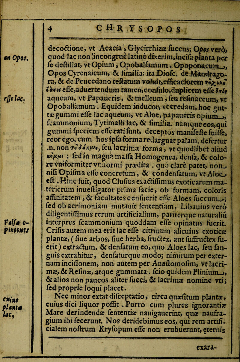 deco&ione, vt Acacia > Glycirrhiza: fuccus; Oposvero, quod lac non [incongrue latinc dixerim,incifa planta per fe deftillat, vt Opium, Opobalfamum, Opoponacunu,, Opos Cyrenaicum, & fimilia: ita Diofc. de Mandrago¬ ra, & de Peucedano teftatum voluit,efficaciorcm efle,aduertendum tamen ,confulo,duj>!icem efle Ztqp aqueum, vt Papaueris, & melleum >feurefinaccum,vt Opobalfamum. Equidem inducor, vccredam, hoc gut¬ ta? gummi efle lac aqueum, vt Aloe, papaueris opium-», fcammonium, Tytimalli lac, & fimi!ia. namqueeo$,qui gummi fpeciem efferatifunt, deceptos manifefte fuifle, rcor ego, cum hos ipfa forma redarguat palam, defertur .n. non feu lacrima forma, vt quodlibet aliud Kojxpt ; fed in magna maffa Homogenea, denfa, & colo- re vmformiter vnuormi prardita . quo clare patet, non^ nifi Opifma efle concretum > & condenfatum, vt Aloo cft .Hinc fuit, quod Clufiuscxa&iflimusexoticarumma- tcrierum inueftigator prima facie, ob formam, coloris affinitatem, & facultates cenfueric efle Aloes fuccum-*; fed ob acrimoniam mutauit fententiam, Libauiusvero diligentiffimus rerum artificialium, pariterquenaturaliu interpres fcammonium quoddam efle opinatus fuerit. Crifis autem mea erit lac cflfe citrimim alicuius exotica: planta-, ( fiue arbos, fiue herba, fru&ex, aut fuffru&ex fu¬ erit) extradum, & denfatum eo, quo Aloes lac, feu fan- guis extrahitur, denfaturque modo; nimirum per exter¬ nam incifioncm, non autem per Anaftomofim, vt lacri¬ ma?, & Refina?, atque gummata. fcio quidem Plinium-», & alios non paucos aliter fucci, & lacrima: nomine vei; fed proprie loqui placet. Nec minor extatdifeeptatio, circaqusriitum planta, cuius dici liquor poffic. Porro cum plures ignorantia: Mare derindenda: fententia: nauigauerint, qua: naufra¬ gium ibi fecerunt. Nos deridebimus eos, qui rem artifi¬ cialem noftrum Kryfopum efle non erubuerunt, fternis exara-