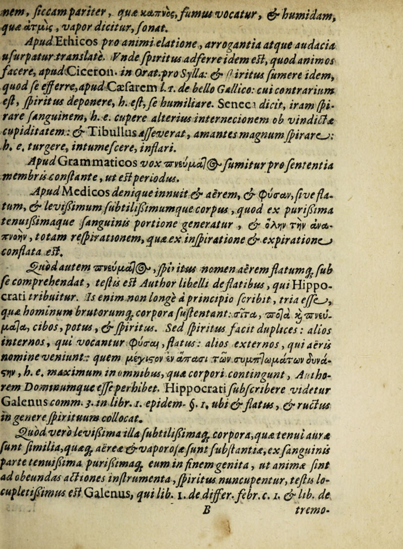 mem . ficumpariter, qua wnnq, fumusvocatur, & h umidam, qua , vapor dicitur, fonat. Apud Ethicos pro animi elatione» arrogantia atque audacia uflurpatur translate. V<nde fpiritus adferre idem eB,quod animos facere, apudXZ i c e r o 11 • in Orat»fro Sylla: & 0iritus fumer e idem, quod fe efferre,apud*Cxfzvcm l.i. de bello Gallico: euicontrarium eft> fpiritus deponere, h. efl, fle humiliare. Senec;idicit, iram (pi- rare /anguine m, b. e. cupere alterius internecionem ob vindilfa cupiditatem& Tibullus ajjeverat, amantes magnumfpir ares: b> e, turgere\ intumefcere, inflari. Apud Grammaticos vox miv picti flumitur pro Jentent ia membrisconflante, ut eB periodus. «Apud Medicos denique innuit cfp aerem, & tpv<Tctv,flve fla- tum* & leviflimum fubtihflimumque corpus, quod ex puriflima tenuiflimaque fanguinis portione generatur , dr ofyv Ttjv dvet- 7n/oqv, totam reffir ationem, quaexinjpiratione drexpirationes conflata eB, Jined autem 'snievficcl©» >\Jpb itus momen aeremflatumfe fub fe comprehendat, teflis eB Autbor libelli deflatibus, qui Hippo¬ crati tribuitur. Is enim non longe d principio fcnbit, tria effles, qua hominum brutorum ^corpora ftiflentant^tnrct, 'zrojd factjcty cibos, potus fpiritus. Sed fpiritus facit duplices: alios internos, qui vocantur (picrcq,flatus: alios externos, qui aeris nomine veniunt:: quem fatyi^ov w a/7rct(ti .tcov.trvpiTflcopidTetiv owu» QP > h. e, maximum tn omnibus, qua corpori.contingunt, Aatho- rem Domnumque effle perhibet. Hipipocitztifubfcribere videtur Galenus comm.j. in libr. i. epidem- §. r, ubi&flatus, & ruclus in genere fpirituum collocat. Jfljflod vero leviflima illa flubttliflimaq^ corpora,qua tenui aure funtfimiliayquafy aerea&vaporojafunt fub flantia, cxfanguinis parte tenui flima puriflimaq^ eum in finem genita, ut anima fint ad obeundas a Iliones inftrumenta,fpir itus nuncupentur, teflis lo~ cupletiflimus eB Galenus, quilib. i. de differ, flebr.c. i. & ltb. de B tremo-