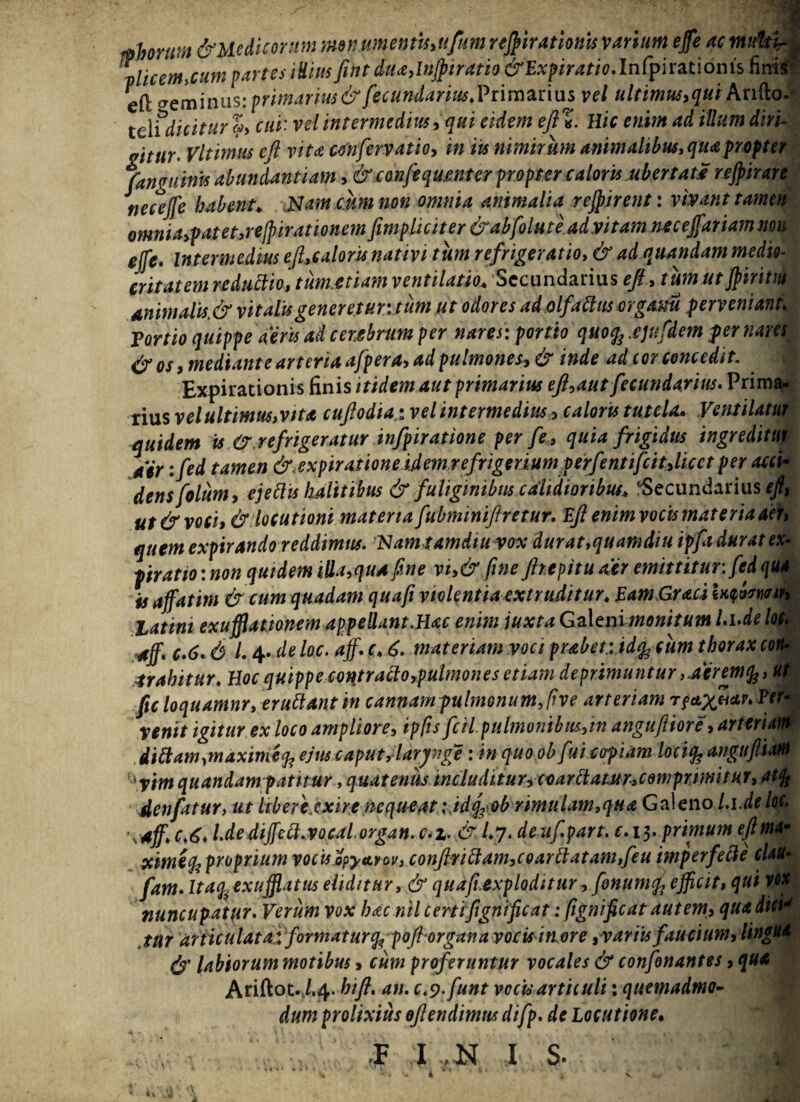 iphortim &Ucdicornm menumentis,ufum revirationis varium ejfe ac mM filicem,cum partes iHiusfititduaHnffiratio&Expiratio.lhCpmtionisfii e(\ (Teminus: primarius & fecundarius.Vritn&rius vel ultimus, qui Antio-* telidicitur *>, cui: vel intermedius, qui eidem eftZ. Hic enim ad illum diri¬ gitur. Vltimus eft vita cenfervatio, in iis nimirum animalibus, qua propter /anguinis abundantiam, & conftqumter propter caloris ubertati reffirare ttecejfe habent. Ram eum non omnia animalia reffirent: vivant tamen omnia,patet,re[pirationem /impliciter &abfolute ad vitam neceffariam non effe. Intermedius eft,caloris nativi tum refrigeratio, & ad quondam medio¬ critatem reduttio, tumetiam ventilatio. Secundarius eft, tum ut Jpmtus animalis,& vitalis generetur, tum ut odores ad.olfaltus organu perveni anu Tortio quippe aeris ad ceubrum per nares: portio quo% .eju/dem per nare- & os, mediante arteria a/pera, ad pulmones, & inde ad cor concedit. Expirationis finis itidem aut primarius ejhaut fecundarim. Prima¬ rius vel ultimus,vita cuftodia.t vel intermedius, caloris tutela. Ventilatur quidem is &.r e frigeratur infpiratione per /e,, quia frigidus ingreditur aer :fed tamen & expiratione idem refrigerium perfentifcit,licct per acci¬ dens foliim, ejedis halitibus & fuliginibus calidioribus. Secundarius*/, ut & voci, & locutioni materia fubminiftretur. Eft enim vocis materia aer, quem expirando reddimus. Nam tamdiu vox durat,quamdiu ipftt durat ex- piratto: non quidem illa,quA fine vi,& fine Jhepitu aer emittitur: fed qu* is affatim & cum quadam quafi violentia extruditur. Eam Graea \Kprwi Latini exufftamnem appellant.Hac enim juxta Galeni monitum Lude loi aff. c.6.6 L 4. deloc. aff c. 6. materiam voci prabet.vid^cum thorax cor trahitur. Hoc quippe contraclo,pulmones etiam deprimuntur ,aeremfc, u fic loquamur, erugant in cannam pulmonum9five arteriam 'r^yjiav. Per venit igitur ex loco ampliore, ipfisfcil. pulmombm,in anguftiore, arteriart dittam,maxime$, ejus caput,lar juge : in quo obfui copiam locifc anguftsM yim quandam patitur, quatenus mclud iturycoa rRamr, comprimitur, atfa denfatur, ut Itbere.cxire nequeat t idfcob rimulam,qua Galeno Li.deloc> \*ff. c.6. l.dediffett.vocal,organ. c-z. & /»7- deufpart. c. 13. primum eftma- xitnefc proprium vocis opy&vov, conft:rittam,coarttatam,feu imperfecle cUu- fam. Ita&exufflatus eliditur, & quafi exploditur, fenum/, efficit, qui vox nuncupatur. Verum vox hac nil certiftgnificat: fignifteat autem, qua dtaJ tnr articulata: formatur^ poftorgana vocisinore ,■variis faucium, lingua & labiorum motibus, cum proferuntur vocales & confonantes, qua Ariftot. /.4. hift. an. c.y.funt vocis articuli: quemadmo¬ dum prolixius oftendimus difp. de Locutione. F I I S.