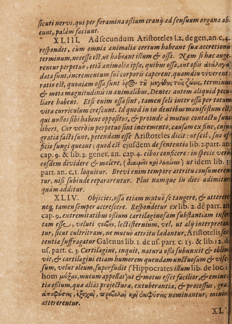 [cuti nervi, qui perforamina ofiumeranij ad fenfuum organa ab. eunt. Palam faciunt. XLI1I. Ad fecundum Ariftotcles 1.2, de gen.an.c,4. rejpondet, cum omnia animalia certum habeant fu* accretionis terminum,neeeffe eU.ut habeant illum d ojfa. TJam fi hac auge- renturperpetuo, etia animalia ipja, quibus offa,aut ofiis dvuRoya] datafiunt,incrementum fui corporis caperent .quamdiu viverent-: ratio esi, quoniam ojfa funi rS tavyilhss ro7; £wois,, terminm\ & metamagnitudinis in animalibus,Dentes autem aliquid pecu liare habent. Et fi enim offa fimt\tamen [oli infer offa per totum vita curriculum crefcunt. id quod in iis dentibus manifieftum ell, qui nullosfibi habent oppofitos, d proinde d mutuo contactu [um Uberi. Cur vero in perpetuo fint incremento, caufam exfine, cujus gratiafaBifient, petendam effe Ariftoteles dicit rutfeil .fiuo of¬ ficio fungiqueant; quod esi ejufdem de fiententia lib.2.part. ani cap. 9- & lib. 2. gener, an. cap. 4- cibos conficere: in (fiecie vem eofidem dividere & molere, (biceipAv xfi] KiAimvj ut idem lib. 31 part. an. c.r. loquitur. Brevi enim tempore attritu confumeren fur, nifi fiubinde repararentur. Plus namque in dies adimitur quam additur. X LIV. Objicies,offa etiam mutuofie tangere, d atterens neqj. tamenfiemper accreficere. Reffondetur ex lib. 2. de part. an cap. 9. extremitatibus ofiium cartilaginofam fubfiantiam infer tam ejfie_j , veluti foiSfi, leBifiernium, vel, ut alij interpretar, tur, ficut cultritram, ne mutuo attritu ladantur, Ariflotelis^ tentiajuffragatur Galenus lib. 1. de uf. part. c. 15. & lib. 12. d uf. part. c. 5. Cartilagine, inquit, natura ofiafiubunxitddblirm vit,d cartilagini etiam humorem quendam unciuofum d vifcr fium, velut oleum,fuperfudit ('Hippocrates illumVib. de loc. i hom mulum appellatjut dmotus effetfacilior,d emina tiaofiium,qua alias projeBura, extuberantia, dproeejfius, gra diroipuo-Hf, , wqoSoAcq ifff coecpvrets nominantur, mwin attererentur. ■* - .. XX’.