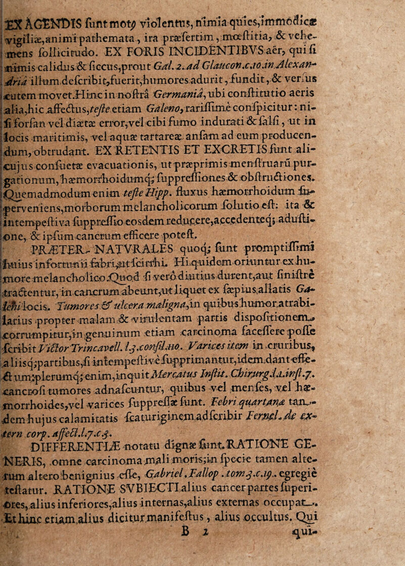 EX AGENDIS funtmoty violcnni5vnimia:quie$;imm6dlc# vigiliae,animi pathemata, ira praefertim, mxxftitia, & vehe- mens follicitudo. EX FORIS INCEDENTIBVS aer? qui fi /rnmis calidus.& ficcus,prout6^/. i.adGlauconjao.inAlexan* dria illitmvdeferibit;9fuerit^tem^res;adairi ititem movet.Hineinnoftra Germania, ubi conflitutio aeris alia,hic affedlus,tejle etiam Galeno ytariiTimeconfpici tur :ni- : fi;forfan'vd.:.cIi^tae eriWfvelcihifomp indurati & ialfi, -ut Iit i locis mari timis, vel aquae tartareae anfam ad eum producen¬ dum, o btrudant. EX RETENTIS ET EXORETISiiint ali- cujus confixet3e evacuationkr;utyraeprimismenRruaru.pur- ' gationum,Earm#dioid^ obftru&iones* iQuemadmadumenim ttfie&ipp. fluxus Exmorrhoidum &k» perveniens,morborum melancholicarum Jolutio efl; ita/^c intempefti va fopp reffio eo s dem reducere,a cced en te q$ adufti*- ipfumcancrum emceite x PRJBTER- NATVRAEES .q.uoq; Sint promptiffimi Euius infortuniifebri^itlcirrfxi. Hiqnidcmoriuntur exEu^- more -melancEoiico .Quod :fi ve ro d iu t iu& du ren t^aut finiftre Radentur,inca^ &q>msiallatis G*> 0uiacis* Tumores & i4cwaMalignam quibusEumocatrabi- latius ‘propter malamife ^virulentam partis dispofitiQneim» corrumpitur,in'genuinum etiam carcinoma faceffere -polle TcrihkViUorTrincavtU. L^cmfdMO,- VMmsitem in cruribus, 'jk liisq-;partibus^fi mlempeftiveTuj>j>timancut,^€m4ant^ffe- ift umsplerumq* enim, inqn ixMercAtus Injiit+ ChirjwgdiLinft .7% cancrofitumores adnafeuntur, quibus vel menfes, vel hae* morrhoidcs,vel carices fupprelTae funt. Eehriquartm^ tam- •jd em Eu jus calamitatis /ftatuxigi^^mAdfcrifeit £&* iern corp. AjtecUija#* DIFFERENTIAE notatu dignae §mt.RATIONE GE¬ NERIS, .omne carcinoma m^lim<>ris;in fpecie tamen alte¬ rum alteroEenignius cfle, Gabriel.Taliop . tom^.cjg.* egregie tcfktur. RATIONE SVBIECTIalius cancer partes fuperi- Cres, alius inferiores,alius in ternas,alius externas occupata. Ethiac etum alius dicitur.manifeftus, alius occultus. Qui B z qui-