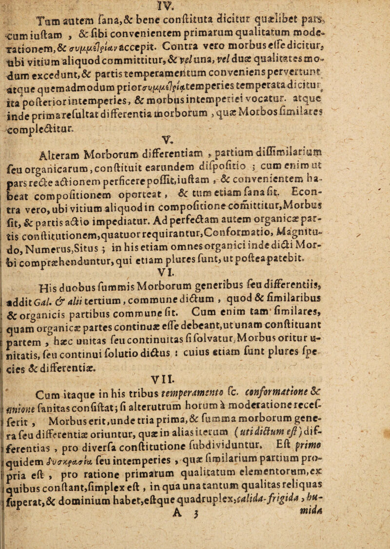 Tam autem rana,&: bene conftkuta dicitur quaslibet paii> cumiaftaro , convenientem primarum qualitatum mode* rHiontm,SC ffufjL{jLilfUvUctpk. Gontra veto morbus eircdicitur^ 'tibi vitium aliquod committitur® ^5ir)^^^/una> vcl du2 qualit^^tes mo» dum excedunt,& partis temperametitum conveniens pervertunt dtque quemadmodum ^tior(rv[jciJLil^iejLtemp^ne$ temperata dicitur Ita poftetior intemperies , & morbus intemperiei vocatur, atque inde primarefultatdifferentiatborborum ,quasMorbosiimiiares comple^bitun Alteram Morbotum differentiam ® partium diffimilariam feu organicarum,conftituit earimdem difpofido j cum enim ut pars re6le a(5lionem perficerepoiIit»iuftam , Sc convenientem ba- 1 beat compofitionem oporteat, & tum etiam fana Iit- Econ- I tra vero® ubi vitium aliquod in compofitione comittitur,Morbus I fit, & partis ^6t\o impediatur. Ad perfedam autem organicae psr* i tis confiuiuionem,quatuorrequirantur,Conformatio, Magnito» I do, Numerus,Situs ; in his etiam omn^sorganici inde didi Mox- i bi compreehenduntur, qui etiam pluxes funt, ut poflcapatebito VI* - His duobus fummis Morborum generibus ftu differentiis® i aidditG/«/. dr 4/«tertium,communedidum , quod&fimilaribus 1 & organicis partibus commune fit. Cum enim tam'fimilares, ij quam organica partes continuas efle debeant,ut unam conflituant I ^rtem ^h^c unitas feu continuitas fi folvatur,Morbus orituru- i nitatis, feu continui folutio didus : cuius etiam funt plurcs fpc.= jl cies & differentias. |5 VII. i Cum itaque in his tribus temperamenta fc. cmformatione 8€ It umone fanitasconfiUat; fi alterutrum horum k modetationcrecefi ^ ferit , Morbuserit,unde tria prima,defumma morborum genc- il ra feu differentiae oriuntur, quas in alias iiemm (utidiilum efl)dif^ i^ferentias , pro diverfa conftitutione fiibdividuntur» Eft primo i| quid em S'v(TKfct<Tht feu intemperies , quas firpilarium partium pro- itpria eft , pro ratione primarum qualitatum elementorum,ex iquibus conftantjfimplexcft , in qua una tantum qualitas reliquas jfuperat,dc dominium habct,eftque quadruplex,jM-