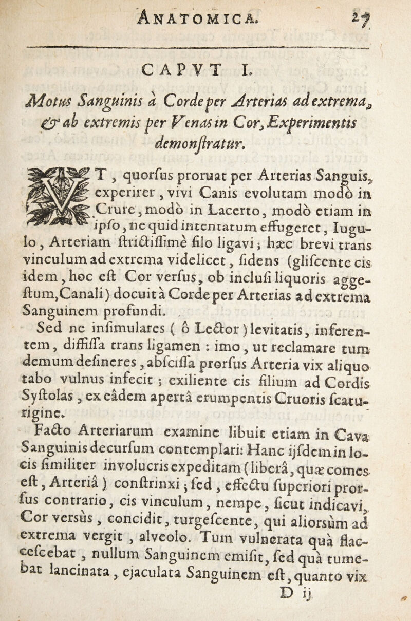 C A P Y T I. Motus Sanguinis a Corde per Arterias ad extrema. & ab extremis Per Venas m Cor, Experimentis demonjtratur. T 3 quorfus promat per Arterias Sanguis^ experirer , vivi Canis evolutam modo in Crure,modo in Lacerto, modo etiam in Jpfo, ne quid intentatum effugeret, lugu- lo, Arteriam ftri&iflime filo ligavi; hsec brevi trans vinculum ad extrema videlicet, fidens (glifcente cis idem,hoc eft Cor verfus, ob inclufiliquoris agge- ftum, Canali) docuit a Corde per Arterias ad extrema Sanguinem profundi. , Sed ne infimulares ( 6 Le&or)levitatis, inferen¬ tem , diffiffa trans ligamen : imo , ut reclamare tum demum defincres, abfcifla prorfus Arteria vix aliquo tabo vulnus infecit; exiliente cis filium ad Cordis Syftolas , ex eadem aperta erumpentis Cruoris fcatu- rigme. Fa&o Arteriarum examine libuit etiam in Cava Sanguinisdecurfum contemplari: Hanc ijfdeminlo¬ cis fimiliter involucris expeditam (libed.qu* comes eft, Arteria) conftrinxi } fcd , eftedu fuperiori pror¬ fus contrario, cis vinculum, nempe, ficut indicavi. Cor versus, concidit, turgefeente, qui aliorsum ad extrema vergit , alveolo. Tum vulnerata qua flac- cefcebat , nullum. Sanguinem emifit, fed qua tume¬ at lancinata , ejaculata Sanguinem eft, quanto vix D ij