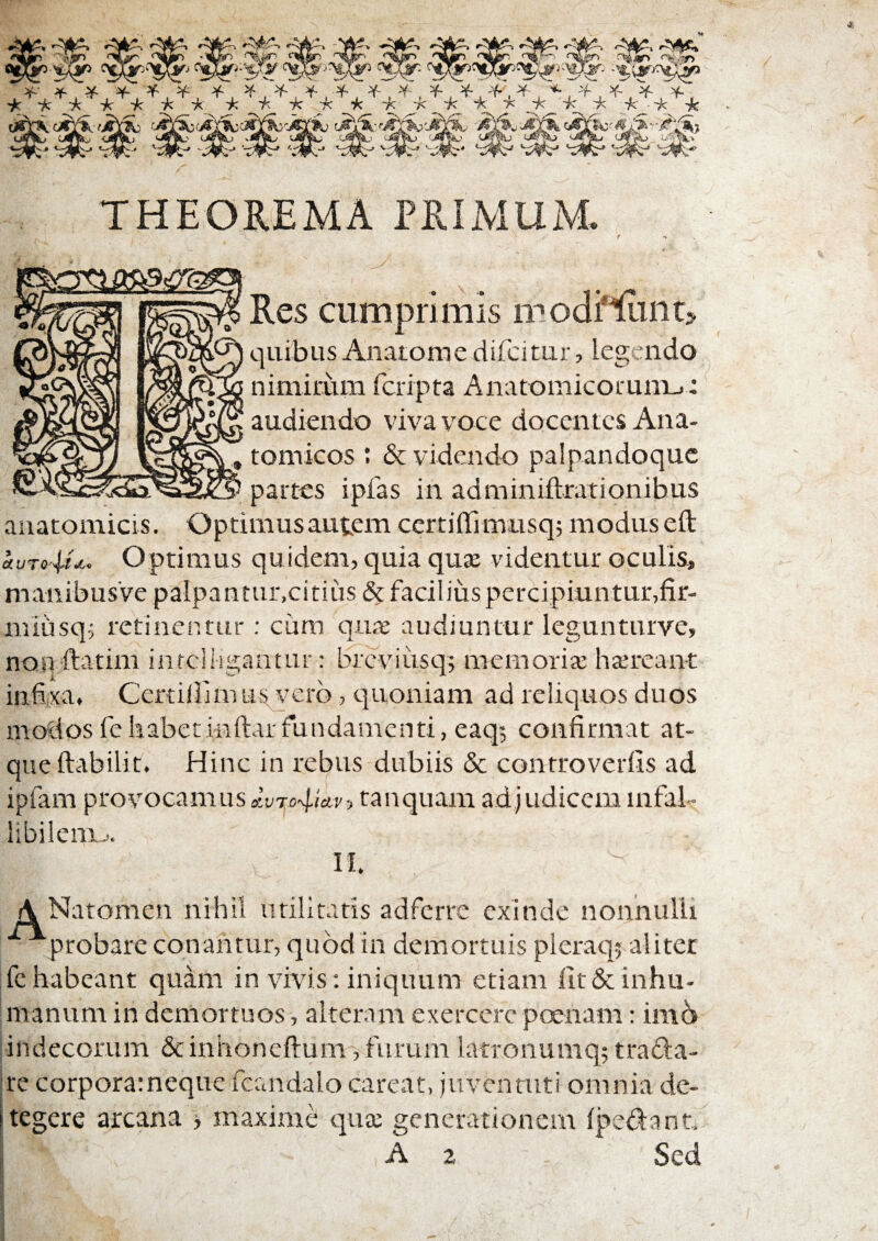 / THEOREMA PRIMUxM. Res cumprimis modf^int> quibus Anatorne difcitur, legendo nimirum fcripta Anatomicorum^: audiendo viva voce docentes Ana¬ tomicos ; & videndo palpandoquc partes ipfas in adminiiirationibus anatomicis. Optimusautem ccrtiffiimtsq; modusefl: tf UTOOptimus quidem, quia qux videntur oculis, manibusVe paipantur.citiiis & facilius percipiuntur,fir- miusq^ retinentur ; cum qua; audiuntur legunturve. queftabilit. Hinc in rebus dubiis & controverfis ad ipfam provocamus ranquam adjudicem infal¬ libilem-.. I II. A Natomen nihil utilitatis adferre exinde nonnulli probare conantur, quod in demortuis pleraq^ aliter ;fe habeant quam in vivis: iniquum etiam fit & inhu¬ manum in demortuos, alteram exercere poenam: im6 indecorum (Scinhoneftum, furum latronumq; trada- |re corporarneque fcandalo careat, juventuti omnia de- Itegere arcana > maxime qua; generationem (pedant.