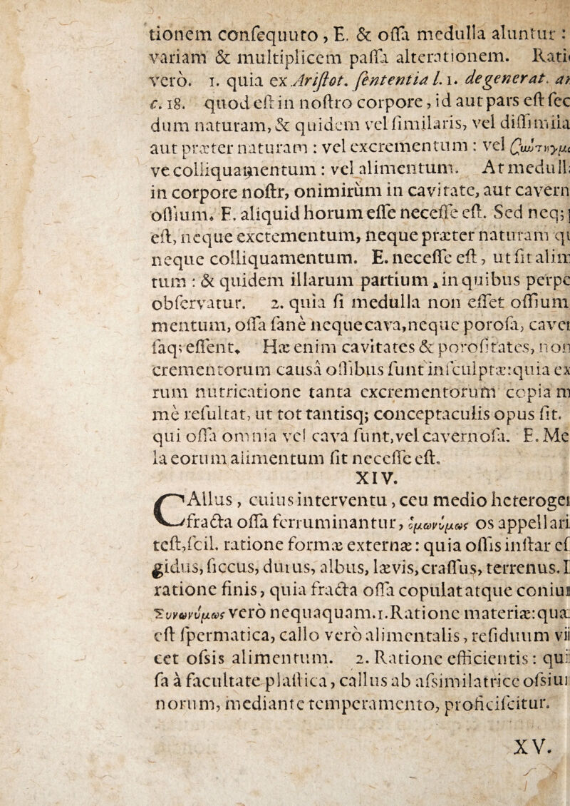donem confequuto, E, & ofla medulla aluntur : variam & muldpliccm pafl-i altcrationem. lladi vero. I. quia oxAriflot, fententUl.\. degenerat, ai c. i8. quod cftin noftro corpore, id aut pars cft fcc dum naturam, & quidem vcl Hmilaris, vcl diffimiia aut prvter naturam : vel excrementum : vel Qvdr^yiJtc vecoiiiquamentum: vcljilimentum. Atmedull; in corpore noftr, onimiriim in cavitate, aur cavern oflium. E. aliquid horumefle necefle eft. Sed neqj j eft, neque exetementum, neque prxter naturam qi neque coiliquamentum. E. necefle eft, ut fit aliir rum : & quidem illarum pardum»in quibus perpe obfervatur. 2. quia fi medulla non eftet oflfium mentum, ofla fiane iiequecava.nequc porofa, cavet faq; eflent* ' Hx enim cavitates & porofitates, non crementorum causa oOibus funt infculptserquia ex rum nutricatione tanta excrementorum copia m me refialtat, ut tottantisq; conceptaculis opus fit. qui olTa omnia ve! cava funt.velcavernofa. E. Me la eoru m aiimentum fit nccelTc eft. XIV. CAlius, cuius interventu, ceu medio heteroget frafta oflTa ferruminantur, os appellari teft,rcil. ratione formx externx: quia ollis inftar ct gidiiSjficcus, dutus, albus, lxvis,craflus, terrenus. I ratione finis, quia frada ofla copulat atque coniui Tvyuyvfxax vero nequaquam.i.Rationc materixrqua. cft fpermatica, callo vero alimentalis, refiduum vii cet ofsis alimentum. 2. Ratione efficieittis: qui fa a facultate plaftica, callus ab afisimilatriccofisiui notum, iuediante temperamento, proficifeitur. XV.