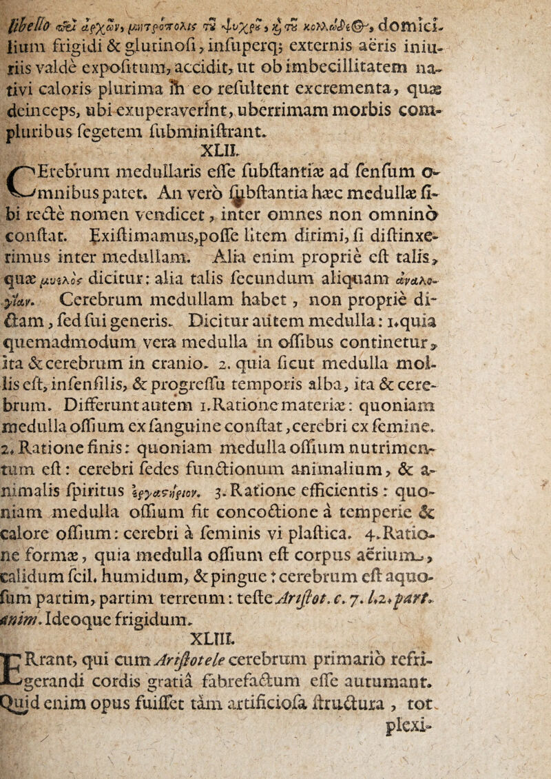 lium frigidi & glurinofi, infiiperq; externis aeris iniu- riis valde expafitnmjacddit,ut obimbecillitatem na» tivi caloris plurima ih eo refultent excrementa, qusg deinceps, ubi exuperaverfnt, uberrimam morbis com¬ pluribus Tegetem fubniiniftrant» XLII CErebiura medullaris efle fubftantije ad fenfiim o- mnibus patet. An vero ^bftantia h«c medullae fi- bi rede nomen vendicet, inter omnes non omnino- conflat, fxiflimamusjpofle litem dirimi, fi diftinxe- rimus inter medullam. ~Alia enim proprie eft talis, quje^ujxoV dicitur: alia talis fecundum aliquam «mAe- Cerebrum medullam habet, non proprie di¬ dam , fed fui generis. Dicitur aiitem medulla: i*quia quemadmodum vera medulla in oflibus continetur, ita & cerebrum in cranio. 2. quia ficut medulla mol¬ lis eft, infenfilis, &progreflu temporis alba, ita & cere¬ brum. Differunt autem i,Ration.emateri«: quoniam medulla ofllum ex fanguine copftat,cerebri ex femine. 2, Ratione finis: quoniam medulla offmm nutrimen¬ tum efl: cerebri fedes fundionum animalium, & a- nimalis fpiritus 3. Ratione efficientis: quo¬ niam ^medulla offium fit concodione a temperie & calore offium; cerebri a feminis vi plaftica. 4.Ratio- ne formte, quia medulla offium eft corpus acriunu, calidum fcil. humidum, & pingue t cerebrum eft aquo- ftim pattim, partim terreum; tc&.c\Artjht. c. f Ideoque frigidum. - v XLTir. ERrant, qui aim cerebrum primario refri¬ gerandi cordis gratia fahrefadum elTe autumaqt. C^id enim opus fuilTet tam artificiofa ftrudura , tot.