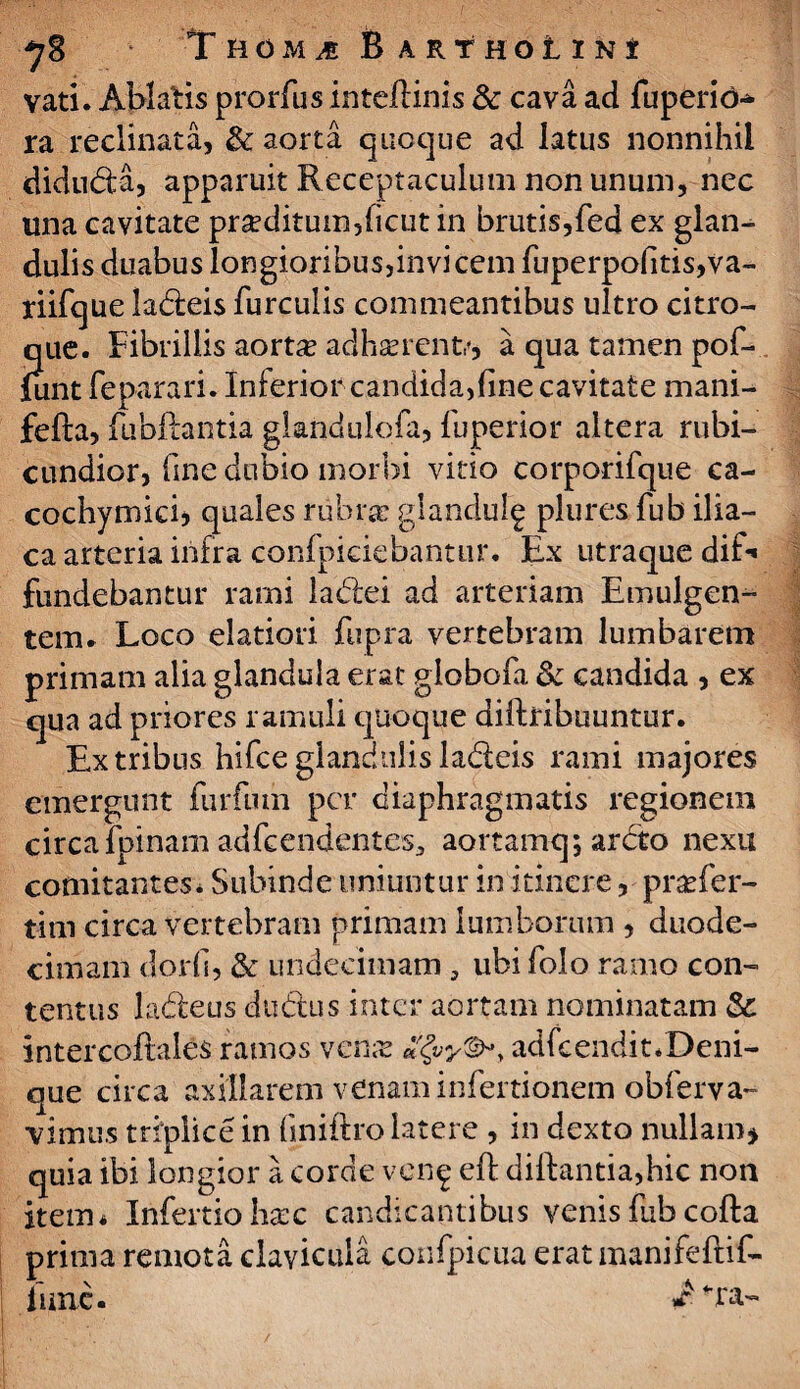 vati. Ablatis prorfus inteftinis & cava ad fuperio-* ra reclinata, & aorta quoque ad latus nonnihil didudia, apparuit Receptaculum non unum, nec una cavitate prseditum,ficut in brutis,fed ex glan¬ dulis duabus longioribus,invi cem fuperpofitis,va- riifque ladteis furculis commeantibus ultro citro- que. Fibrillis aort^ adhaerent.', a qua tamen pof- (unt feparari. Inferion candida,fine cavitate mani- fefta, fubftantia glandulofa, fuperior altera rubi¬ cundior, fine dubio morbi vitio corporifque ca- cochymici, quales rubra: glandufig plures fub ilia¬ ca arteria infra confpiciebantur* Ex utraque dif* fundebantur rami ladtei ad arteriam Emulgen¬ tem. Loco elatiori fupra vertebram lumbarem primam alia glandula erat giobofa & candida , ex qua ad priores ramuli quoque diftribuuntur. Ex tribus hifce glandulis ladeis rami majores emergunt furfum per diaphragmatis regionem circa fpinam adfcendentes, aortam-q; ardto nexu comitantes* Subinde uniuntur in itinere, praefer- tim circa vertebram primam lumborum , duode¬ cimam dorfi, & undecimam, ubi folo ramo con¬ tentus ladeus dudtus inter aortam nominatam & intercoftales ramos venas adfcendit.Deni- que circa axillarem venam infertionem obferva- vimus triplice in finiftro latere , in dexto nullam» quia ibi longior a corde ven^ eft diftantia,hic non item* Infertio hasc candicantibus venis fub cofta prima remota clavicula confpicua erat manifeftif- fune. A*ra-