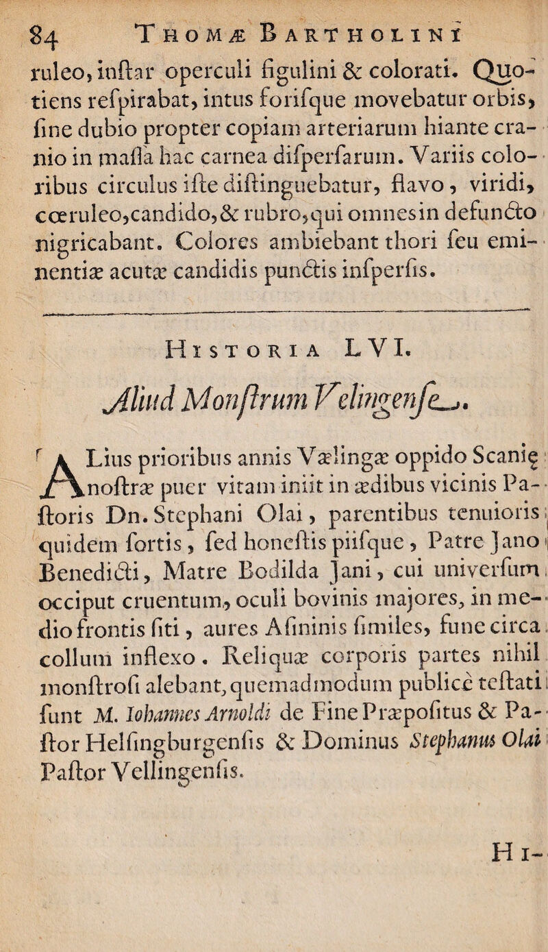 ruleo, inftar operculi figulini & colorati. Quo¬ tiens refpirabat, intus forifque movebatur orbis» fine dubio propter copiam arteriarum hiante cra¬ nio in mafla hac carnea difperfarum. Variis colo¬ ribus circulus ifte diftinguebatur, flavo, viridi» coeruleo,candido, & rubro,qui omnesin defundo nigricabant. Colores ambiebant thori feu emi¬ nentia acutx candidis pundis infperfis. Historia L VI. Jlliiid Monftrum Velingenfe^. r k Lius prioribus annis Va?!ingse oppido Scani^ Xynoftra? puer vitam iniit in aedibus vicinis Pa- ftoris Dn.Stephani Olai, parentibus tenuioris , quidem fortis, fed honeftis piifque, Patre Jano n Benedidi, Matre Bodilda Jani, cui univerfum occiput cruentum,, oculi bovinis majores, in me¬ dio frontis fiti, aures Afininis fimiles, fune circa collum inflexo. Reliquce corporis partes nihil monftrofi alebant,quemadmodum publice tcftati funt M. lobanncs Arnoldi de FinePrtepofitus & Pa- flor Helfingburgeniis & Dominus StephanmOUi Paftor Vellingenfis. Hi-