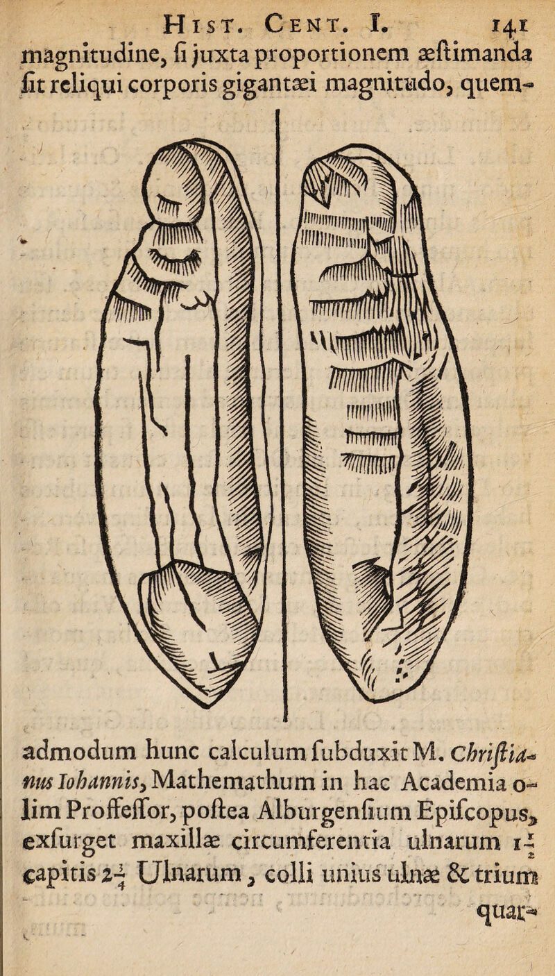 magnitudine, fi juxta proportionem aeftimanda fit reliqui corporis gigantaei magnitudo, quem¬ admodum hunc calculum fubduxit M. Chrifiia- nm JtftewbjMathemathum in hac Academia o- lim Proffeffor, poftea Alburgenfium Epifcopus^ exfurget maxillae circumferentia ulnarum i-i capitis z~ Ulnarum, colli unius ulnae & trium qua^