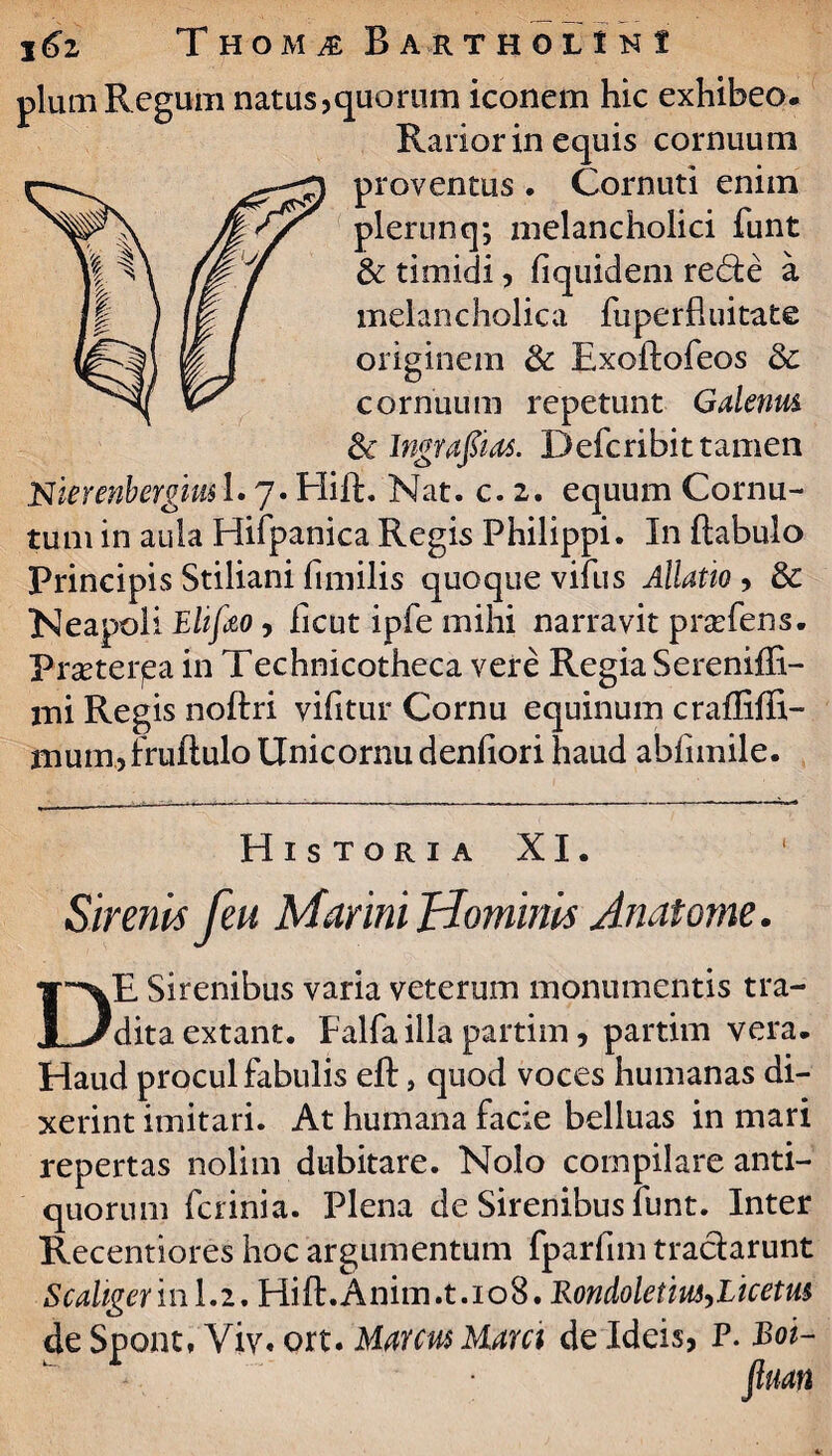 pium Regum natus,quorum iconem hic exhibeo. Rarior in equis cornuum proventus . Cornuti enim plerunq; melancholici funt § Jf & timidi, fiquidem redte a i / melancholica fuperfiuitate I originem & Exoftofeos & ' cornuum repetunt Galenus & Ingrafias. Defcribit tamen Nierenbergius 1.7. Hift. Nat. c. 2. equum Cornu¬ tum in aula Hifpanica Regis Philippi. In flabulo Principis Stiliani fimilis quoque vifus Ailatw , 8c Neapoli Elifao, ficut ipfe mihi narravit prsefens. Prseterga in Technicotheca vere Regia Sereniffi- mi Regis noftri vifitur Cornu equinum craflifR- mumjruftulo Unicornudenhori haud abfimile. Historia XI. Sirenis feu Marini Hominis Anatome. DE Sirenibus varia veterum monumentis tra¬ dita extant. Falfa illa partim , partim vera. Haud procul fabulis eft} quod voces humanas di¬ xerint imitari. At humana facie belluas in mari repertas nolim dubitare. Nolo compilare anti¬ quorum ferinia. Plena de Sirenibus funt. Inter Recentiores hoc argumentum fparfim tractarunt S caliger ini.2. Hift.Anim.t.108. RondoletmyLicetm de Spont, Viv. ort. Marcus Marci de Ideis, P. Boi-