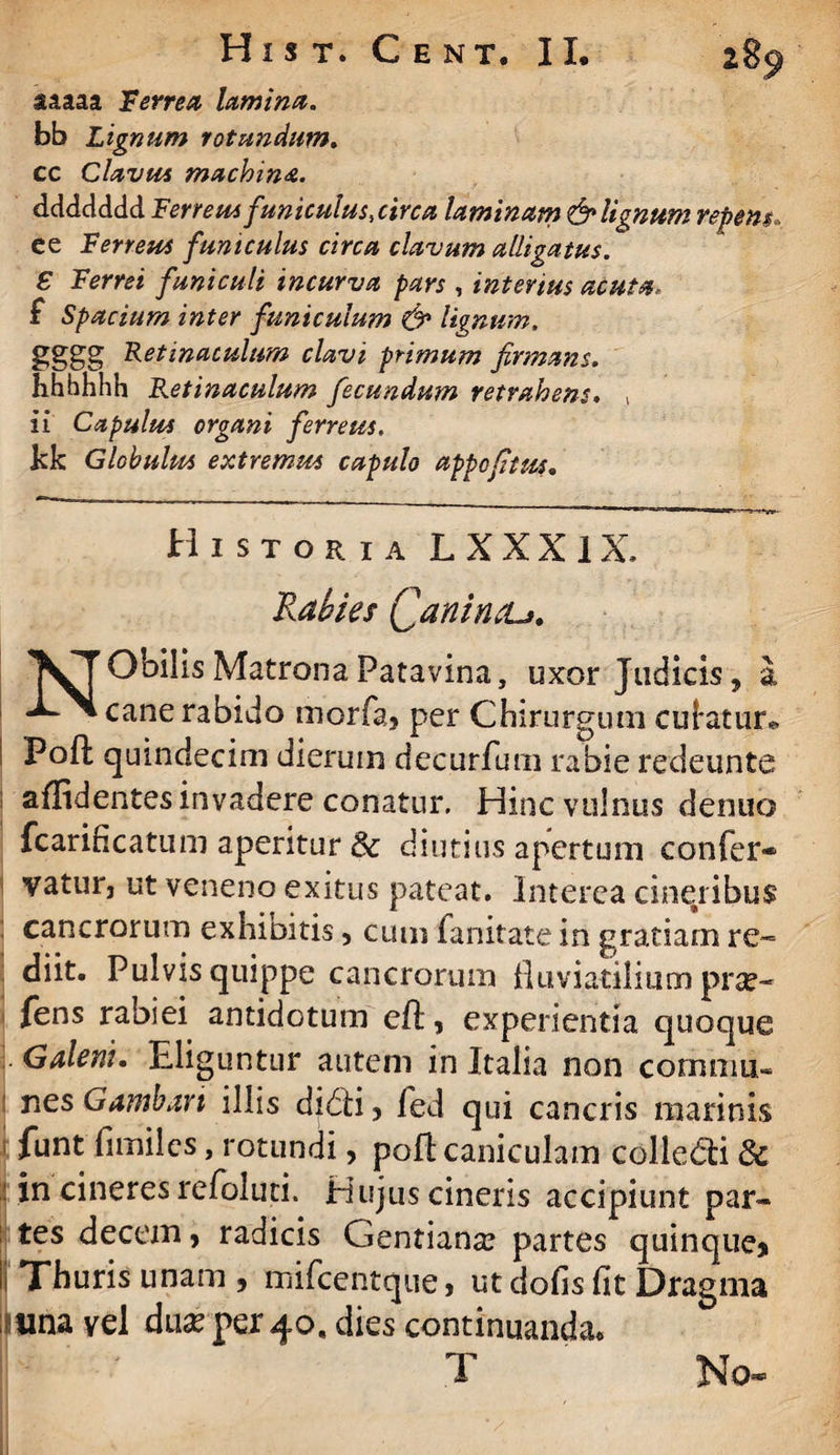 aaaaa Terrea lamina. bb Lignum rotundum. cc Clavus machina. ddddddd Ferreusfuniculus, circa laminam & lignum repens. ee Ferreus funiculus circa clavum alligatus. £ Ferrei funiculi incurva pars , interius acuta. £ Spacium inter funiculum & lignum. gggg Retinaculum clavi primum firmans. hhhhhh Retinaculum fecundum retrahens. \ ii Capulus organi ferreus, kk Globulus extremus capulo appofitus. Historia L XXX IX. Rabies Qanineu, Obii is Matrona Patavina, uxor Judicis, a cane rabido morfa» per Chirurgum cubatur* Poft quindecim dierum decurfum rabie redeunte aflidentes invadere conatur. Hinc vulnus denuo fcarificatum aperitur fk diutius apertum confer* vatur, ut veneno exitus pateat. Interea cineribus cancrorum exhibitis, cum fanitate in gratiam re« diit. Pulvis quippe cancrorum fluviatilium pra?- fens rabiei antidotum eft, experientia quoque Galeni. Eliguntur autem in Italia non commu¬ nes Gambart illis didli 5 fed qui cancris marinis funt fimiles, rotundi, pofl caniculam colledfci & : in cineres rcfoluti. Hujus cineris accipiunt par¬ tes decem 9 radicis Gentiana? partes quinque» l| Thuris unam 5 mifcentque> ut defis fit Dragma una yel dax fQX^o, dies continuanda.