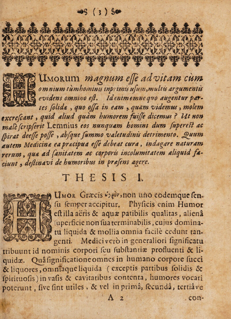 XlMORum magnum ege ad vitam cum omnium tumhomims wpnmisufumymultis argumentis evidens omnino eft. id enim ernne quo augentur par¬ tes /olida , quo ojfa in eam % quam videmus, molem excrefcant, quid aliud quam humorem fuiffe dicemus ? 141 non malefcripferit Lemnius eos nunquam homini dum fupereB ac (pirat deeffe pojfe , abfque fimmo valetudinis detrimento. £)uum autem Medicina ea pracipua e/fe debeat cura, indagare naturam rerum> qua ad faniiatem ae corporis incolumitatem aliquid fa¬ ciunt 9 deftinavi de humoribus in prafens agere. THESIS I Umor. Glocis iion lino Cbdemquefen- fu femper accipitur, Fhyficis enim Humor eft illa aeris & aquae patibilis qualitas, aliena uperficie nonfua terminabilis, cujus domina¬ tu liquida & mollia omnia facile cedunt tan¬ genti. Medici vero in generaliori fignificatu tribuunt id nominis corpori feu fubftantiai profluenti & li¬ quidae. Qua fignificatione omnes in humano corpore fucci & liquores, omnfaque liquida (exceptis partibus foiidis & fpirituofis) in vafis & cavitatibus contenta, humores vocari poterunt 3 five frnt utiles, & vel in prima, fecUnda, tertia ve A 2 coa-