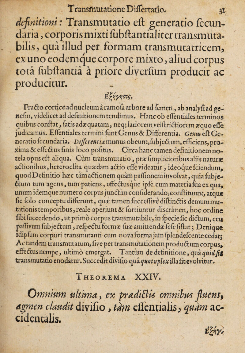 definitioni: Transmutatio eft generatio (ecun- daria, corporis mixti liibftantialiter transmuta- bilis, qua illud per formam transmutatricem, ex uno eodemque corpore mixto, aliud corpus tota fubftantia a priore diverfum producit ac producitur. „ ,'V Fraifto cortice ad nucleum a ramofa arbore ad femen , ab anafyfi ad ge- nefin, videlicet ad definitionem tendimus. Hanc ob effentiales terminos quibus conftat, latis adaequatam, neq; latiorem velftri&iorem sequo effe judicamus. Effentiales termini funt Genus & Differentia. Genus eft Ge^ neratio fccundaria. Differentia munus obeunt,fubje&um, efficiens, pro¬ xima & effe&us finis loco pofitus. Circa hanc tamen definitionem no- tela opus eft aliqua. Cum transmutatio, pra? fimplicioribus aliis natune adionibus,heteroclita qusedam a&io effe videatur, ideoque f ciendum, quod Definitio hsec tamadfionem quam paffionem involvat, quia fubj e- &um tum agens, tum patiens, effe£f usque ipfe cum materia foa ex qua* unum idemque numero corpus jundim confiderando,conftituum, atque fic folo conceptu differunt, qua? tamen fucceffive diffindis demum mu¬ tationis temporibus,reale aperiunt & fortiuntur discrimen, hoc ordine fibi fuccedendo, ut primo corpus transmutabile, in ipecie fic dictum, ceu paflivum fubjedum, relpecftu forma? fuse amittendae fefefiftat; Denique idipfum corpori transmutanti cum no va forma jam fplendeicente cedat; Ac tandem transmutatum, five per transmutationem produeftum corpus* cffetftus nempe, ultimo emergat. Tantum de definitione, qua quid transmutatio enodatur* Succedit divifio qua quotupkx illa fit evolvitur. Theorema XXIV. -1 .1 ■' j Omnium ultima, ex pradiBU omnilm fluens, agmen claudit divifio, tam dlentiaiis , quam ac¬ cidentalis.