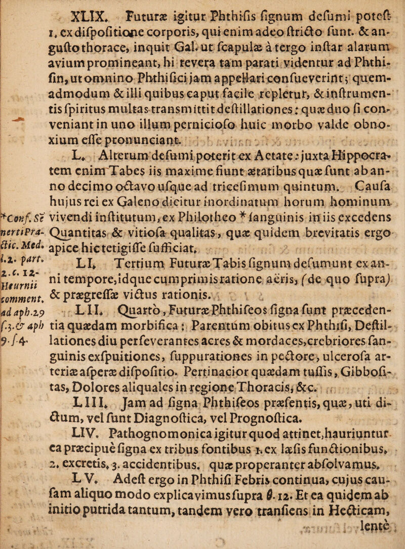 XLIX* Futurae igitur Phthifis fignum defumi poteft i, cx difpofitio*ie corporis, qui enim adeo ftri&o funt. & an- guftothorace, inquit Gal. ut fcapulae a tergo inftar alarum avium promineant, hi revera tam parati videntur adPhthi- fin, ut omnino Pbthifiei jam appellari confueverint j quem¬ admodum & illi quibus caput facile repletur, & inftrumen¬ tis fpi ritus multas transmittitdeftillationes: quae duo fi con¬ veniant in uno ilium perniciofo huic morbo valde obno¬ xium efle ptonunciant. L* Alterum defumi poterit ex Aetate : juxta Hippocra¬ tem enim Tabes iis maxime fiunt aetatibusquaefunt ab an¬ no decimoo&avoufq.ue ad trieefimum quintum. Caufa hujus rei ex Galeno dicitur inordinatum horum hominum *Conf. Se nerttPra- dic. Med, l.%. yart. \z.c. iz- meurnii pomment. adafh.Z9 ($>&apb b-/-4’ vivendi inftitutum, ex PhiLotheo f ianguinis in iis excedens Quantitas & vitiofa qualitas, quae quidem brevitatis ergo apice hictetigiffefufficiat* LI* Tertium Futurae Tabis fignum defumunt ex an¬ ni tempore,Idque cumprimis ratione aeris, (de quo fupraj &praegrefTae vi&us rationis. LIL Quarto,FuturaePhthifeosfignafunt praeceden¬ tia quaedam morbifica: Parentum obitus ex Phthifi, Defiil- lationes diu perfeverantes acres & mordaces,crebriores fan- guinisexfpuitiones, fuppurationes in pecore, ulcerofa ar¬ teriae afpersedifpofitio. Pertinacior quaedam tuffis, Gibbofi* tas, Dolores aliquales in regione Thoracis,&c. L11 I* Jam ad figna Phthifeos praefentis, quae, uti di- flum, vel funt Diagnoftica, vel Prognoftica. L1V. Pathognomonica igitur quod attinetjhaurivmtur ea praecipue figna ex tribus fontibus hex laefisfun&ionibus* 2* excretis* 3. accidentibus, quae properanter abfolvamus* L V* Adeft ergo in Phthifi Febris continua, cujus cau- fam aliquo modo explicavimusfupra 0.12. Et ea quidem ab initio putrida tantum, tandem vero tranfiens in Hetticam, lente