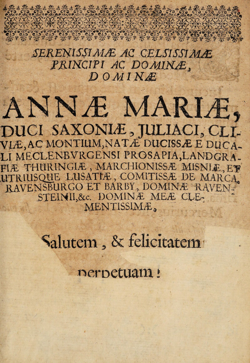 MREmSSIMM AC CELSISSIMAE PRINCIPI AC DOMIN/E, OMI VlSyhC MONTIUM,NATA ____ LI MECLENBVRGENSI PROSAPIA,LANDGRA- F1A THURINGIA , MARCHIONISSA MISNIA/ET UTRIUSQUE LUSATIA, COMITISSA 1>E MARGA* RAVENSBURGO ET BARBI, DOMINA. RAVEN-' STEINIR&c. DOMINA MEA CEE- “  EE -MENXISSIMA* ' Salutem, & oeroetuam *