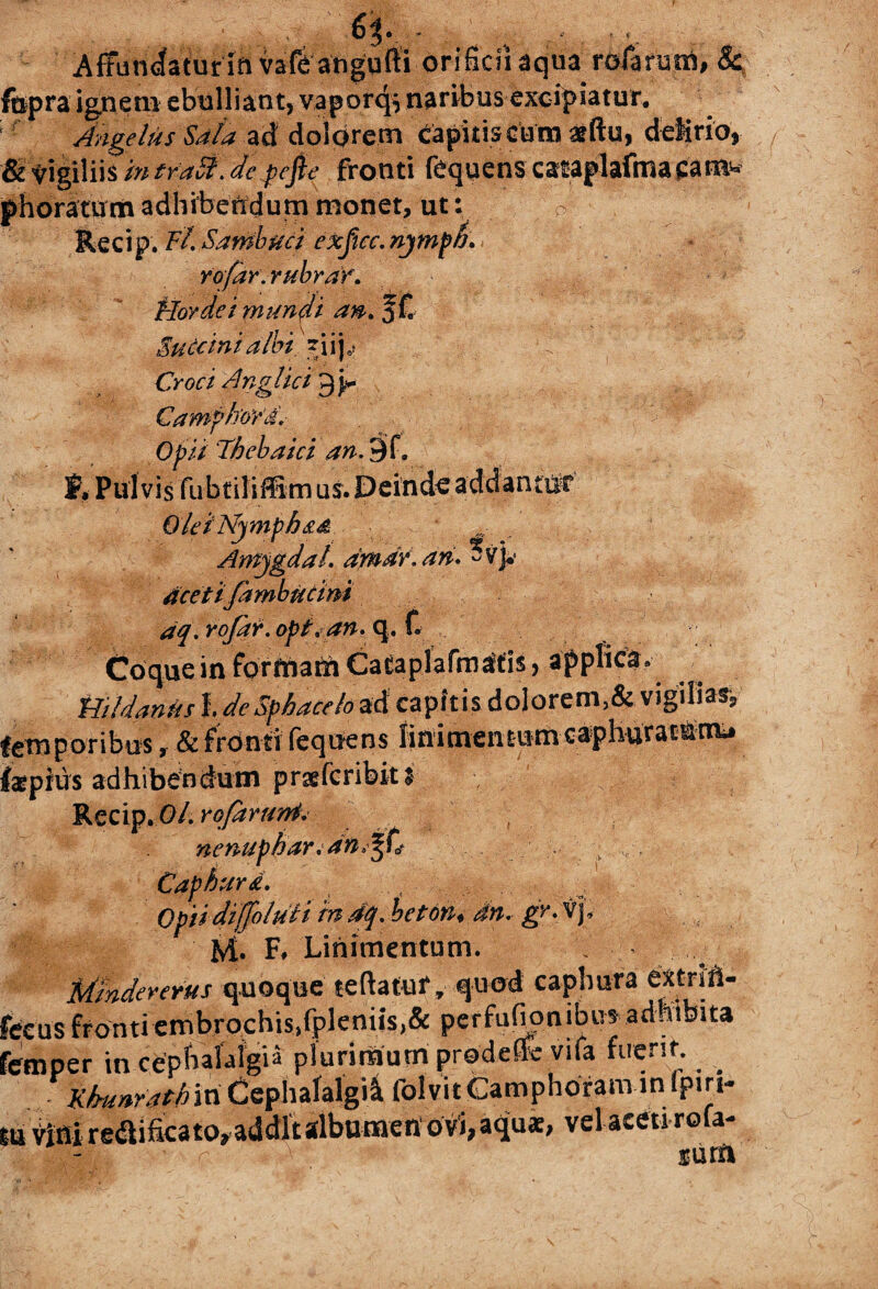 Affundatur in vafe angufti orificii aqua rofarmxi, & fopra ignem ebulliant, vaporqvnaribus excipiatur. ; f Angelus Sala ad dolorem tapitiscum aeftu, delirio, & vigiliis in traSl. de fefie fronti fequens cataplafma cam* phoratum adhibendum monet, ut: P Recip. F/. Sambuci exjicc. njmpd. vofar.rubraY. Hordei mundi an. JC Euccini albi ?iijef Croci Angi ici g j>- Camfhwd.-, Opii Thebaici an. 9f. f, Pulvis fubtiliffim us. Deinde addantur Olei Nympha Amjgdal. dmar.an. -v]v 4cet iJd mbucini aq. rofdr.opt,an. q. f. Coque in forfnam Cataplafma!tis, applica, Hi!dantis I. dcSphacehzi capitis dolorem,& vigilias5, fetnporibus, & frdnti fequens Knimentiimcaphuratnrr^ ifatpius adhibendum prgeferibit v . Recip .01. rofar uni. nenuphar. an^C Capkurd. Opii diffoluti mdq. heton* an. ge.dy fyt. F# Linimentum. Mhdererus quoque teftatuf, quod caphura extTih- fecus fronti embrochis)fpleniis>& perfufionibus adhibita femper in cephafalgi* plurimum prode* vifa fuerit. _ KhunfathvciCephalalgia folvitCamphoramlnfpiri- lu Vitii re«<ljficato» acldlulbBmen ovi, aqu*, vel aceti rofa- r surft