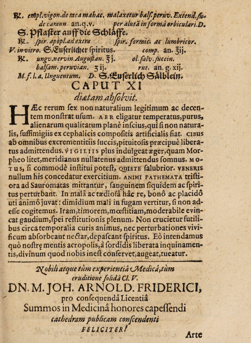 1JL erfiptsvigon.de mea mahac, malaxetur lalf.peruv. Externi,fit* de carann. an. q ,v. per aluta informa orbiculari.D* Gh pftafltic Scfrl&ffe* 5^. fpir. apopl.adextra fpir» formic. ac lumbricor* V. invitro. <8USllf<rficiKt fpiritus* comp. an. fij. ungv.nervin.Auguftan. olfalv.fuccin. balfarthperuvian. 5 ij, rut. an. g. xij. /. a. Unguentum< D. 0.££ujerltd? ©Albleut* CAPUT XI di&tam abfolvit. H&c rerum fex non naturalium legitimum ac decen¬ tem monftrat ufum. aer eligatur temperatus,purus, alienarum qualitatum plane infcius,qui fi non natura¬ lis, fuffimigiis ex cephalicis compofitis artificialis fiat, cibus ab omnibus excrementitiis iuccis,pituitofis praecipue libera¬ tus admittendus, vigiliis plus indulgeat aeger,quam Mor¬ pheo litet,meridianus nullatenus admittendus fomnus* m o- tus, fi commodi inftitui potefi, quiete falubrior. veneris nullum his concedatur exercitium, animi eathemata trifti- ora ad Sauromatas mittantur, fanguinem fiquidemacfpiri- tus perturbant. In mala ac taediofa hac re, bono ac placido uti animo juvat: dimidium mali in fugam vertitur, fi non ad- dfe cogitemus. Iram,timorem,mceftitiam,moderabile evin¬ cat gaudium,fpei reflitutionis plenum. Non crucietur futili¬ bus circa temporalia curis animus, nec perturbationes vivi¬ ficum abforbeant ne$ar,depafcant fpiritus* Eo intendamus quo nofirf mentis acropolis,a fordidis liberata inquinamen¬ tis,divinum quod nobis ineft confervet,augeat,tueatur. - ■■ - -- - - - - ■ .——> - ' — i.. 1 iiww» 2{obih atque tum experientia OWe dic a,tum eruditione folidd Cl. V1 DN.M.JOH. ARNOLD. FRIDERICI, pro confequendaLicentiS Summos in Medicina honores capeflendi cathedram publicam confeendenti S (L1QIT £$.! Arte