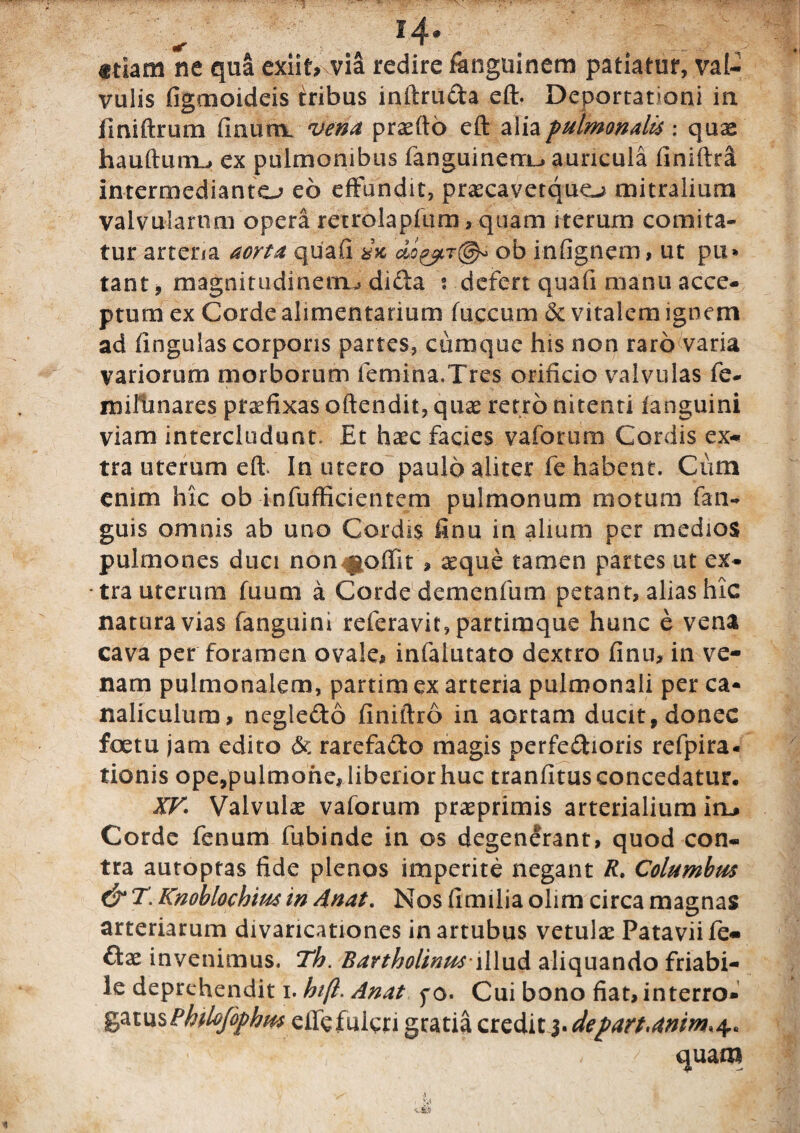 '4- etiam ne qua exiit, vii redire ftnguinem patiatur, val¬ vulis figmoideis tribus inftru&a eft. Deportationi in jfiniftrum finum. vena prasfto eft alia pulmonalis : quae hauftunu ex pulmonibus fanguinem^ auricula finiftri intermedianto eo effundit, prascavetquo mitralium valvularum opera retrolapfum, quam iterum comita¬ tur arteria aorta quafi s» do^r©* ob infignem, ut pu* tant, magnitudinem^ dida s defert quafi manu acce¬ ptum ex Corde alimentarium fuccum de vitalem ignem ad lingulas corporis partes, cumque his non raro varia variorum morborum femina.Tres orificio valvulas fe- miltmares praefixas oftendit, quae retro nitenti (anguini viam intercludunt Et haec facies vaforum Cordis ex¬ tra uterum eft. In utero paulo aliter fe habent. Cum enim hic ob infufficientem pulmonum motum (an¬ guis omnis ab uno Cordis finu in alium per medios pulmones duci non goffitd ^eque tamen partes ut ex¬ tra uterum fuum a Corde demenfum petant, alias hic natura vias fanguini referavit, partimque hunc e vena cava per foramen ovale* infaiutato dextro finu, in ve¬ nam pulmonalem, parum ex arteria pulmonali per ca¬ naliculum, negie&o finiftro in aortam ducit, donec foetu jam edito & rarefa&o magis perfedioris refpira* tionis ope,pulmone, liberior huc tranfitus concedatur, XV. Valvulas vaforum prasprimis arterialium irt» Corde fenum fubinde in os degenerant, quod con¬ tra autoptas fide plenos imperite negant R. Columbus & T. Knoblochitu in Anat. Nos fimilia olim circa magnas arteriarum divaricationes in artubus vetulas Patavii fe- (fcx invenimus. Tb. Bartholinus illud aliquando friabi¬ le deprehendit i. htft. Anat 5*0. Cui bono fiat, interro» gatusPhilofophm ede fulcri gratia credit i.depart.stmm*4. f d - * r ■ / quam N V ■> • • V ■USSI