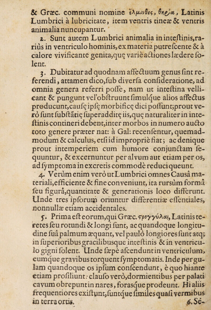 & Gra?c. communi nomine tXiwOgf, UricJa, Latinis Lumbrici a lubricitace, item veneris tinea? & ventris animalianuncupantur. z. Sunt autem Lumbrici animalia ininteftinis,ra¬ rius in ventriculo hominis, ex materia pucrefcente& a calore vivificante genita,qu? varie a&ionesludere fo- lent. 5. Dubitatur ad quodnam affeduum genus fint re¬ ferendi , attamen dico,fub diverfa confideratione, ad ©mnia genera referri poffe, nam ut inteftma velli¬ cant & pungunt vel obftruuntfimulque alios affedus producunt,caufe ipfe morbific^ dici poffunt;prout ve¬ ro funt fubflatie fuperaddite iis,que naturaliter in inte- ftiniscontineri debent,inter morbos innumero aufta coto genere prater nat: a Gahrecenfentur, quemad¬ modum & calculus, etfi id improprie fiat; ac denique prout intemperiem cum humore conjunctam fe- quuntur, & excernuntur per alvum aut etiam per os^ adfymptomain excretis commode reduciqueunt. 4. Verum enim vero ut Lumbrici omnes Causa ma¬ teriali,efficiente & fine conveniunt, ita rursum forma feu figura,quantitate & generationis loco differunt. Unde tres ipfcrum oriuntur differentia effentiales, nonnullae etiam accidentales. 5. Prima efl eorum,qui Gra?c. <?poyyvXcqy Latinis te¬ retes feu rotundi & longi funt, acquandoque longitu¬ dine fuapalmum aequant, vel paulo longioresfunt atq; infuperioribusgracilibusque inteftinis &in ventricu¬ lo gigni folent. Unde fa?pe afeendunt in ventriculum, eumque gravibus torquent fymptomatis. Inde pergu¬ lam quandoque os ipfum confcendunt, e quo hiante etiam profiliunt: claufo vero,dormientibus per palati cavum obrepunt in nares, forasque prodeunt. Hi aliis frequentiores exiftunt/untque fimiles quali vermibus in terra ortis* ♦