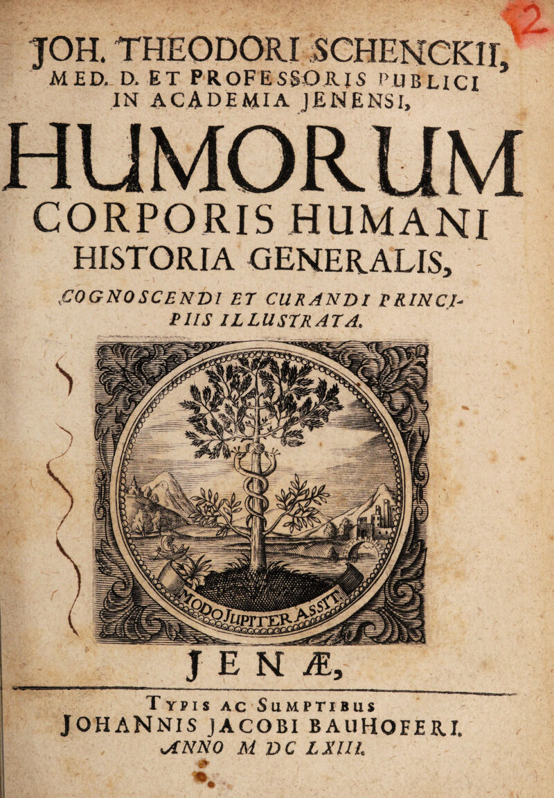 ■JOH. THEODORI SCHENCKII, MED. D. ET PROFESSORIS PUBLICI IN ACADEMIA JJENENSI, CORPORIS HUMANI HISTORIA GENERALIS, J E N M, Typis ac Sumptibus JOHANNIS JACOBI BAUHOFERI. sANNO M DC LXIIh ,<COGNOSCENDI ET CURANDI PRINCD PIIS ILLUSTRATA.