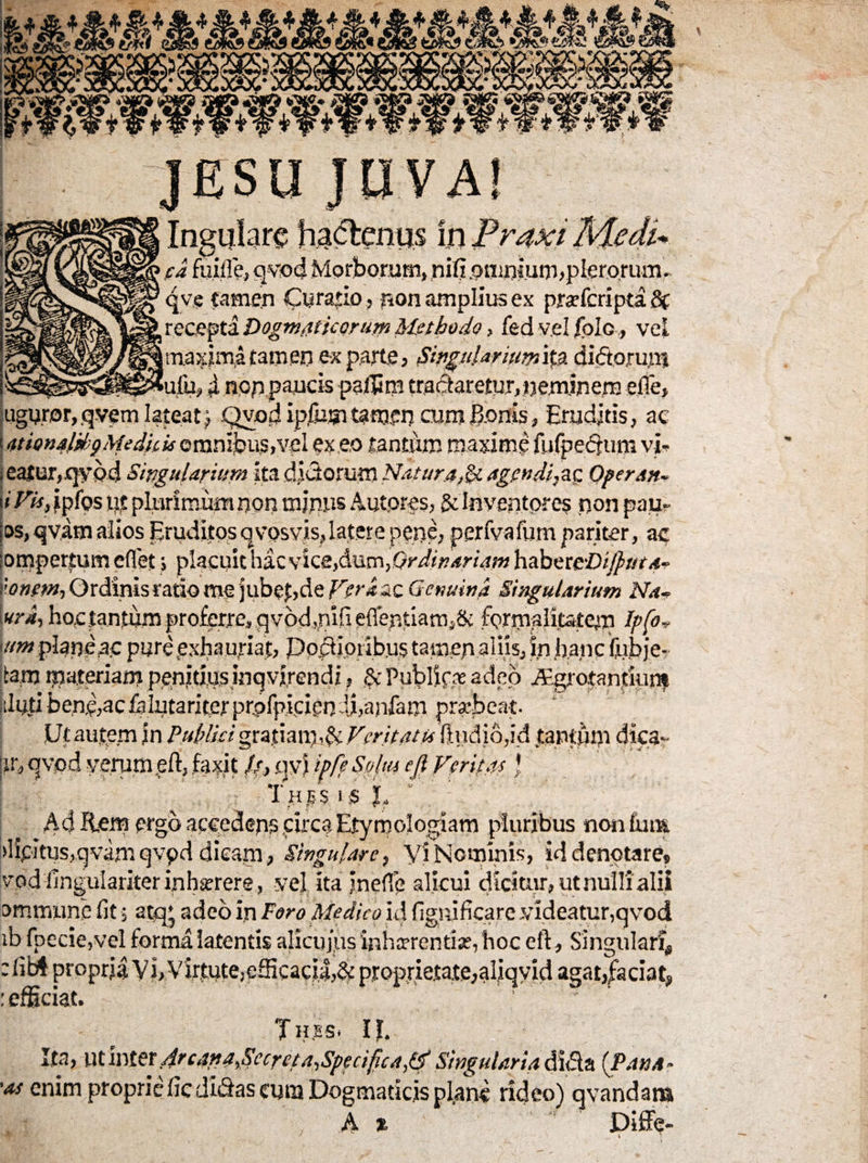 ■fjfc fclr t/Mb eJL* W fff JESU JUVA! Ingularg hactenus In Praxi Medu ea fuj$e, avo4 Morborum, nifi .omnium,plerorum. qve tamen Curatio, non amplius ex pratfcripta Sc recepta Dogmaticorum Methodo, fed vel folc, vel maxima tamen exparte, Singularium ifa diftorunt ufiu, i non paucis pa/Tim tractaretur.nerninern efle, juguror,qvem lateat, Qvodipfumtamen cum Eonis, Eruditis, ac i/ttionalihgMedicisomnibus,vel ex eo tantum maxime fufpedum vi- ,eatur,qybd Singularium ita dictorum Natura,&agendi,as Operam !»/r«,ipf9s pt plurimum non minus Autores, & Inventores non pau¬ los, qvam alios Eruditos qvosvis, latere pene, perfvafum pariter, ac iompertum cffet j placuit hac vice,dum,Ordinariam habetcDi/puta- Ionem, Ordinis ratio me jubende Vera ac Genuina Singularium Na- \ura, hoctan.tum pro&rre, qv6d»nifie{rentiamj8c forpyditatem fpfo* i//w plarjeac pure exhauriat, Podioribus tamen aliis, in .hanc (ubje- tam matoriarn penitius jnqvjrendi, & Publicae adeo Algrotanfiun* duti bene,ac fa lutari ter prpfpicien Itanfam prarbeat. Utautem |n Publici gra.riany& Veritatis fludi6,id tantum dka- !ir, qvpd ygratn pft, fa$t //•, q vi ipfe Solus ejl Veritas \ T H i% I :S E Aditem ergo accedens circa Etymologiam pluribus non fum >lipltus,qvam qvpd dicam. Singulare, yi Nominis, id denotare, ”od fingulariter inhaerere, vel ita Jnefle alicui dicitur, ut nulli alii ommune fit$ atqt adeo in Poro Medico id fimiificare videatur,qvod ib fpecie,vel forma latentis alicujus inharrentise, hoc eft, Singulari, : fibt propria Vi, Virtute,efficacia,& proprietate,afiqyid agat,faciat : efficiat. Jh.es. Ita, ut inter 4rcatta,Secreta,,Specifica,& Singularia dtda (Pana* 'as enim proprie fic didas cuna Dogmaticis plane rideo) qvandam A *• Diffe-