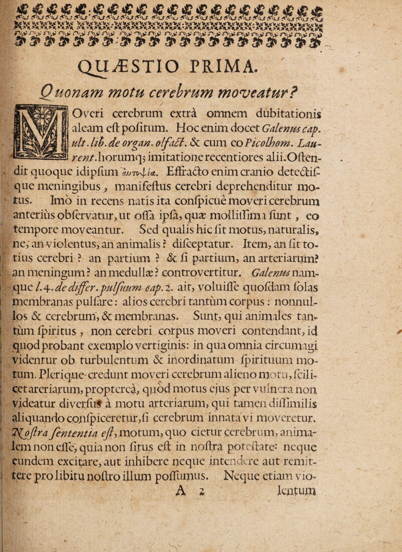 999#??&&99 ww$$m$w$w$ QUESTIO PRIMA. Quonam motu cerebrum moveatur? Overi cerebrum extra omnem dubitationis aleam eft pofitum. Hoc enim docet Galenus cap. ult.lih.de organ. olfaU. & cum QoPicolhom. Lau- r^/.hor-umqj imitatione recentior es alihOften- dit quoque idipfum bjjndU- Effracto enim cranio deteciifi que meningibus, manifeftus cerebri deprehenditur mo¬ tus. Imo in recens natis ita confpicue moveri cerebrum anterius obfcrvatur, ut offa ipla, c\nx moli illima fimt, eo tempore moveantur. Sed qualis hic lit motus, naturalis* ne; an violentus, an animalis ? difceptatur. Item, an Iit to¬ tius cerebri ? an partium ? & fi partium, an arteriarum? an meningum ? an medulIx ? controvertitur, Galenus nam» que /.4. de differ, pulfimm eap.z. ait, voluiffe quodam Iblas membranas pullare: alios cerebri tantum corpus: nonnul¬ los & cerebrum, & membranas. Sunt? qui animales tan¬ tum fpiritus , non cerebri corpus moveri contendant, id quod probant exemplo vertiginis: in qua omnia circumagi videntur ob turbulentum & inordinatum Jpirituum mo¬ tum. Pleri que credunt moveri cerebrum alieno mot u, Icili- cet arenarum, propter ea, quod motus ejus per vulnera non videatur diverlul a motu arteriarum, qui tamen diffimilis aliquandoconlpiceretur,fi cerebrum innata vi moveretur, Tpoflra fententia ejh motum, quo cietur cerebrum, anima¬ lem non effe, quia non litus eft in noftra poteftate* neque eundem excitare, aut inhibere neque intendere aut remit¬ tere pro libitu noftro illum poffumus. Neque etiam vio- A z lentum