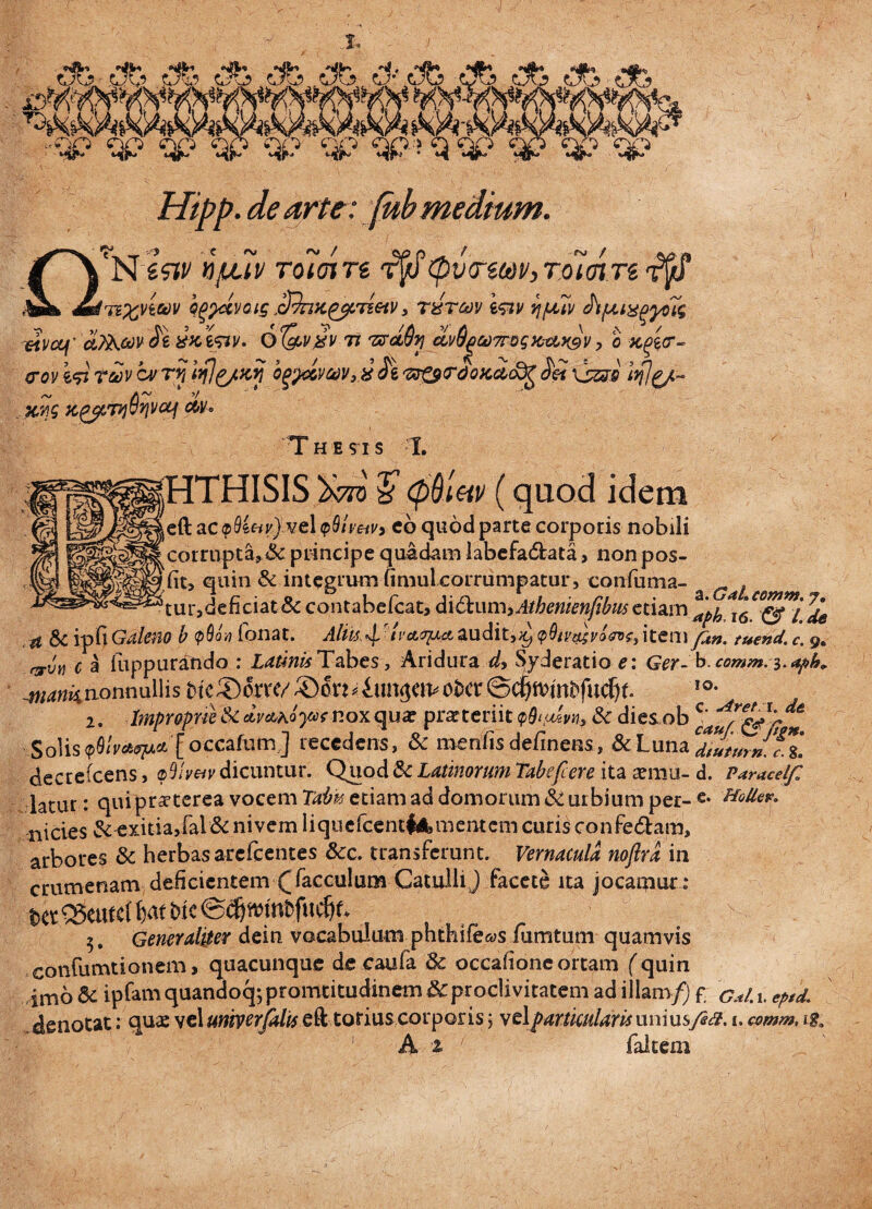 % _..._... ._.. ... r.qp qp qp qp qp qp qp ? q qp qp qp qp Hipp. de arte: fub medium. 0'N'SW nfjuv roioirt rfyf (fjvormvy rolmn TiXVtMV q^^ctvotg ,cf)nK^metv y txtcov i&v {jfjuv Apu^yoig etvcq.' cL7k.av$\ xxiftv. ot&vgv-Ti 'zrdSy cLv6^a7Pogjcctx9V> o x^cr- (Tov i<tI Tav cv rjj iq](?/>c*} b^)dmVy£$i 'zr&<rdoxci&£ $& xjzoi scwg jigymjQyvcif cw* T H E 91 S I. ^HTHISIS )km £ <p$.ietv (quod idem eft ac<p9ic-iy).ve\ <p9tmv> co quod parte corporis nobili corrupta, & principe 'quadam labefa&ata, non pos- fit, quin & integrum fimulcorrumpatur, confuma- ^ tur,defkiat & contabefcat, di&um» Athentenfibm etiam ^ a &c ipfi Galeno b <p9oo ion at. AliuA/t vetaret audit,^ pOw&yoevs, item fm. *•. y. . erv» c a fuppurando : Latinis Tabes, Aridura d> Syderatio e: Ger- b. comm.*,. aph» 4nama onnullis m'c®om/®on4un^o^a4@cftmmbfuc^t IO- 2. Improprie & dvebhoyat nox qua: prarteriit <p9‘odvn3 & dies ob Solis<pS!v*<?p,*[occafum ] recedens, & menfisdefinens, &Luna decrefcens, ©0/W dicuntur. Quod & Latinorum Tabefcere ita aemu- d. Paracelf latur: qui praterea vocem Tabis etiam ad domorum & urbium per- e* LfoUe^ nicies & exitia,fal & nivem liquefce n tM»mentem curis confe&am, arbores & herbasarefeentes Scc. transferunt. Vernacula noftra in crumenam deficientem (Tacculum Catulli J facete ita jocaqiur : tsct Q5<ufc( t)af btc ©tfjftnntfurfjf. v confumtionem, quacunque de caufa tk occafione ortam (quin imo <5c ipfarn quandoq; promtitudinem &:proclivitatem ad illamf) f. c*L 1. eptd. denotat; qu£ vel tmwrfalis eft totius corporis 5 vel particularis uniusy&SF. 1. comm, 1 ga 1 A z 1 ■ falcem c