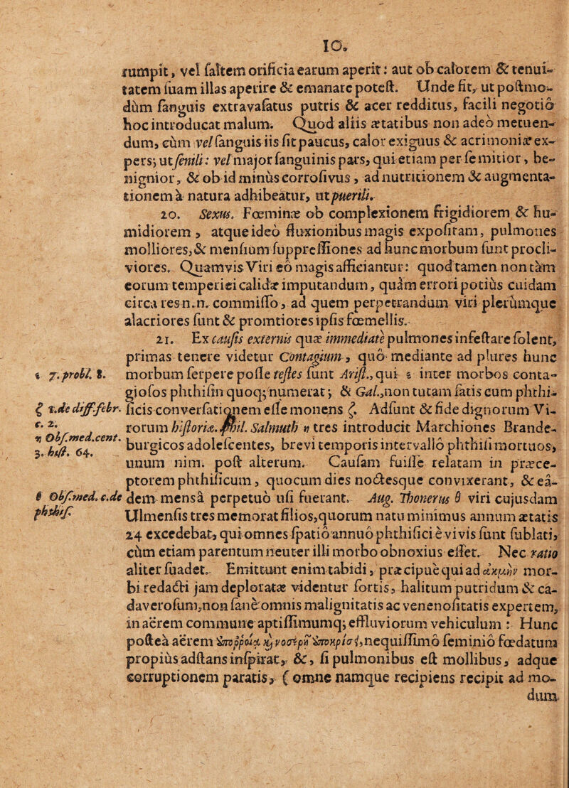 IO* rumpit, vel fakcm orificia earum aperit: aut ob calorem 8c tenui¬ tatem iuam illas aperire ik emanare poteft. Unde fit, ut poftmo- dum fanguis extravafatus putris & acer redditus, facili negotia hoc introducat malum. Quod aliis statibus non adeo metuens dum, chm ve/(anguisiis fit paucus, calor exiguus & acrimoniae ex¬ pers*, utfentli: ve/major fanguinis pars* qui etiam per fe mitior > be¬ nignior , & ob id minus corrofivus, ad nutritionem Sc augmenta- tronema natura adhibeatur, ut puerili» 10. Sexus. Foeminae ob complexionem frigidiorem 8c hu- midiorem , atque ideo fluxionibus magis expolitam, pulmones molliores, 3c menfium fuppreiliones ad hunc morbum fune procli¬ viores. Quamvis Viri eo magis afficiantur: quod tamen non tam eorum temperiei calidar imputandum, quam errori potius cuidam circa resn.n. committo , ad quem perpetrandum viri plerumque alacriores funt& promtiotesipfisfcEmellis. 2i. Ex caufis externis qua? immediate pulmones infeftare (olent, primas tenere videtur Contagium, quo mediante ad plures hunc % j. proli, %. morbum fer pe re polle te fies funt AriJI., qui inter morbos conta- giofos phthifin quoq; numerat•, & Gal.ynon tutam latis cum phthi- £ tJe dtjf.febr. ficis conver/ationem efle monens £ Adfunt & fide dignorum Vi- c-2- rorum hiftoria. Jpnl. Salmutb v tres introducit Marchiones Brandc- 3 burgicos adolefcentes, brevi temporis intervallo phthifi mortuos, unum nim. poft alterum. Caufam fuifle relatam in praece¬ ptorem phthiiicum, quocum dies no&esque convixerant, &ea- $ obf.med.x.dc dem mensi perpetuo ufi fuerant Aug, Tfjonerus S viri cujusdam Ulmenfis tres memorat filios,quorum natu minimus annum astatis 24 excedebat? qui omnes /patio annuo phthifici e vivis funt fublati, chm etiam parentum neuter illi morbo obnoxius efiet. Nec ratio aliter fuadet Emittunt enim tabidi, pr& cipue qui ad cLkuyiv mor¬ bi redadti jam deploratae videntur fortis, halitum putridum &ca- daverofom,non fane omnis malignitatis ac venenofitatis expertem, in aerem commune aptiflimumq; effluviorum vehiculum : Hunc pofteaaerem Smppoiz^Kp/V^nequiffimofeminio foedatum propihsadflansinfpiiaty &, fi pulmonibus eft mollibus, adque corruptionem paratis? ( omne namque recipiens recipit ad mo- < . dum /