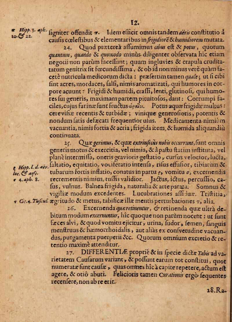 IQ,&22. figniter offendit cr. Idem efiicit omnis tandem aeris conftitutio a caulis coeleffibus & eiementaribus infrigidiore fkhumidiorem mutata. 24. Quod praeteret alliimimus cibus eft ik potus, quorum quantumy quarido ik quomodo minus> diligenter obfervata hic etiam negotii non parum facellunt; quum ingluvies & crapula crudita- tatum genitrix fit fascundiflima, & ob id non minus vere qukm fa¬ cete nutricula medicorum diCla : praefer tim tamen quale j ut fi cibi fint acres, mordaces, falfi, nimis aromatizatis qui humores in cor¬ pore acuunt r Frigidi & humidi, eradi, lenti, glutinofi^ qui humo¬ res fui generis, maximantpartem pituitofos, dant: Corrumpi fa¬ ciles, cujus farinae funt fruaus*®^ «o/. Potus aquas frigi dae multus: cerevifice recentis 5c turbidas; vinique generalioris, potentis & nondum fatis defaecati frequentior uliis. Medicamenta nimium vacuantia, nimis fortia & acria i frigida item, & humi da aliqusndiu continuata. 25*. Qwegerimus, «SCquae extrinfecus nobis occurrunt, fiint omnis genens motus Sc exercitia, vel nimia, & apaftu ftatim iiiffituta, vei plane intermifia, oneris gravioris geftatio v curfus velocior, lucra, . / a faltatio, equitatio, vociferatio incenia* rifus effufior, tibiarum & i titpp. i. «° aero 1 . . n . .. loc. tubarum rortis lnllatio, conatus in partu f, vomitu <r> excernendis r 4.aph. 8. recrementis nimius, tulfis validior. Jadtus, iclus, percufiio, ca- fus, vulnus. Balnea frigida, naturalia & arte parata. Somnus 3c vigilis modum excedentes. Lucubrationes aflictW. Trifinia,> •r Cic.^ Tufeul. aegritudo & metus, tabificae illas mentis perturbationes t, alia» z6. Excernenda qp<£retinentur, & retinenda quaeulcdi de¬ bitum modum excernuntur, hic quoque non parfim nocent: ut funt faeces alvi, &quod vomitu ejicitur , urina, fudor» femen, fanguis menftruus & haemorrhoidalis, aut alias ex confvetudine vacuan- dus, purgamenta puerperii &c. Quorum omnium excretio & re¬ tentio maxime attenditur.- 27. DIFFERENTIA proprie & in Ipecie di&ae ad va¬ rietatem Caufarum variant, & poliunt carum tot conditui, quot numeratae fimteaufae * quas omnes hic a capite repetere, adhim eft agere, & otio abuti. Felicioris tamen Curationis ergo* fcquentes recenferc, non ab re erite i8oRa~