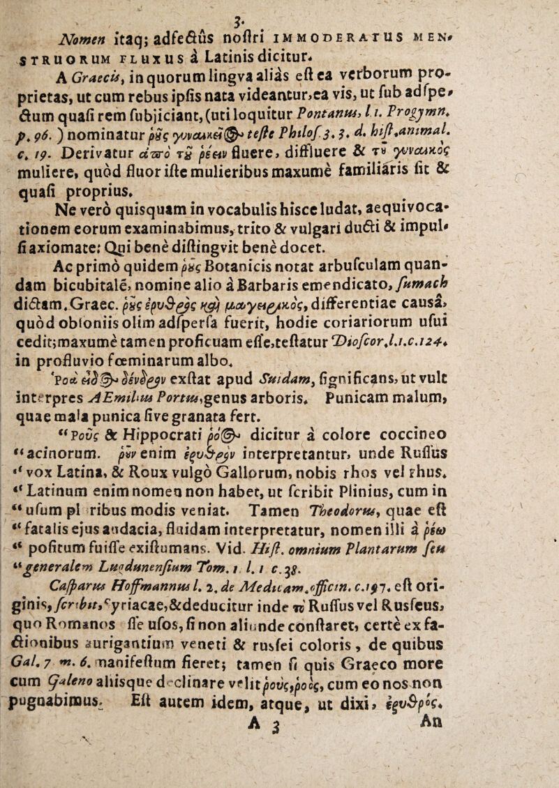 M EN» 3- Nomen itaq; adfe&us noflri immoderatus -struor um fluxus d Latinis dicitur* A Graecis> in quorum lingvaalids eft ea verborum pro- prietas, ut cum rebus ipfis nata videantur»ea vis, ut fub adipe» dum quali rem fubjiciant, (uti loquitur Fontanus, 11. Progjmn, р, 96. ) nominatur pSg <yjvcum@h tefte Philof.3. 3. d. hift,animal. с, 19- Derivatur dwo t£ penv fluere, diffluere & tv <ysvaa>tog muliere» quod fluor i/te mulieribus maxume familiaris fit & quali proprius. Ne vero quisquam in vocabulis hisce ludat, aequivoca* tionem eorum examinabimus, trito & vulgari du&i & impul* fi axiomate; Qui bene diftingvit bene docet. Ac primo quidem p£g Botanicis notat arbufculam quan- dam bicubitale, nomine alio d Barbaris emendicato, fumach didam.Graec. pygipv&^)g fAot>yHg/Kog,differentiae causa» quodobioniisolimadfperfa fuerit, hodie coriariorum ufui cedit;maxume tamen proficuam effe.teftatur ‘DiofiorJ.i.c.124* in profluvio fceminarumalbo. ‘vod. $sv$@v exftat apud Suidam, fignificans,ut vult interpres AEmihus Portus,genus arboris. Punicam malum, quae mala punica fi ve granata fert. “ Vovg dc Hippocrati po@* dicitur a colore coccineo “acinorum, pwenim e^vbpgv interpretantur» unde Rufius vox Latina, & Roux vulgo Gallorum, nobis rhos vel rhus. “ Latinum enim nomen non habet, ut fcribit Plinius, cum in “ ufum pl ribus modis veniat. Tamen Theodorus, quae eft fatalis ejus audacia, fluidam interpretatur, nomen illi d peto ** politum fuiffe exiftumans. Vid. Hift. omnium Plantarum fcu “generalem Lu<idumnfinm Tom. 1 l. / c. 1$. Cafparm Hoffmannus l, 2, de Medttam^ffictn. c.if 7. eft Ori¬ ginis, /cr-£ir,ryriacae,&dedudtur inde WRuffus vel Rusfeus» quo Romanos fle ufos, fi non aliunde conflaret, certe ex fa- dionibus aurigantium veneti & rusfei coloris, de quibus Gal. 7 m. 6. nanifeftum fieret; tamen fi quis Graeco more cum g*leno aliisque declinare velit jjou^flocg, cum eo nos non pugnabimus. Eft autem idem, atque, ut dixi, eevSpk* A 3 An