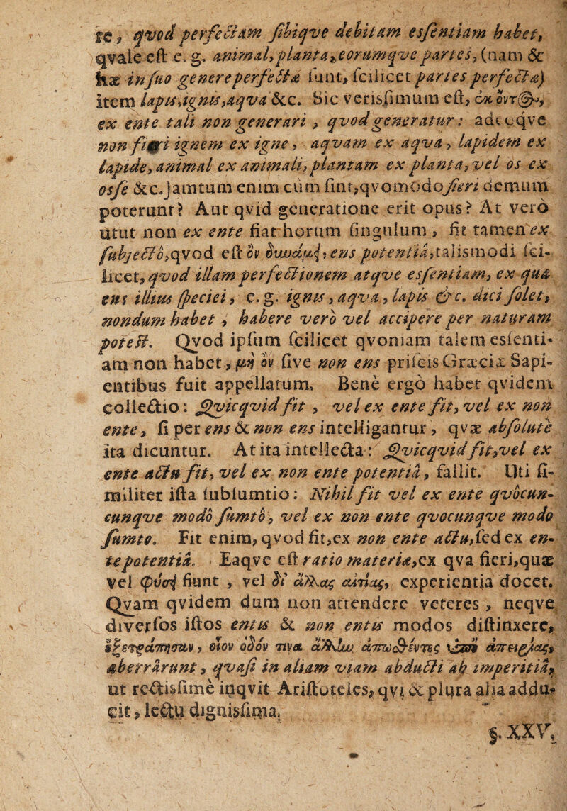 ICjj qvod pesfe Bam.fihiqve debitam esfenthm habet, )qvale eft e. g. animal, <piant a he orumqv e partes, (aam & fax infio genereperfetta luat, fodicet partes perfera} item Upis,igms,aqva6cc. Sic vensjkmmi eft,gkqvt<&>, ex ente tali non generari , qvod generatur: adicqve non fitSfi iqmim ex igne , aqvam ex aqva , lapidem ex lapide, animal ex animali, plantam ex planta, vel os ex osfe &c.Jamtum enim cum fm t, q v omodofert demum poterunt? Aut qvid generatione erit opus? At vero utut non ex ente fiat horum fingulum , fie tamen*?# fkbjeffoiqvod eft St ens potentia,tviismodi ici- licet'9qvod illamperfe&Honem atqve esfemiam, ex qua ens illws fpeciei, e. g. ignis, aqva, lapis &c, dici filet, nondum habet , habere vero vel accipere per naturam poteH, Qvod ipfum fcilicet qvoniam talem esienti* am non habet, fiy ov five non ens prileisGr^cix Sapi¬ entibus fuit appellatum. Bene ergo habet q vi dem coile&io: fpvicqvid fit , vel ex ente fit, vel ex non ente, Gpetenstiznonens intettiganmt , qvx abfilufe ita dicuntur. Atita intelleda : £)vicqvidfit>vel ex ente afiht fit, vel ex non ente potentia, fallit. Uti fi- mlliter ifta iublumtio: Nihil fit vel ex ente qvbcun- eunqve modo firmo, vel ex non ente qvocunqve modo fumto. Fit enim, qvod fit,ex non ente affuficdex en- te patentia* Eaqve efferatio materU,Qx qva fieri,quas vei (pvenj fiunt , vel $i dika$ cunas, experientia'docet. Qvam qvidem dum non attendere veteres, neqve diverfos iftos entis & non entis modos diftinxere* s^sTgctTfyanv, olov oHoy nvet alkiw cL7r&£$mnq \£m d7rHg/ag$ aberrarunt, qvaji in aliam viam ahdudli ab imperitia* ut re£thfime inqvit Anftoteles^qviccplqraahaaddu? §k, lefitii digaiitoa. f XXV,