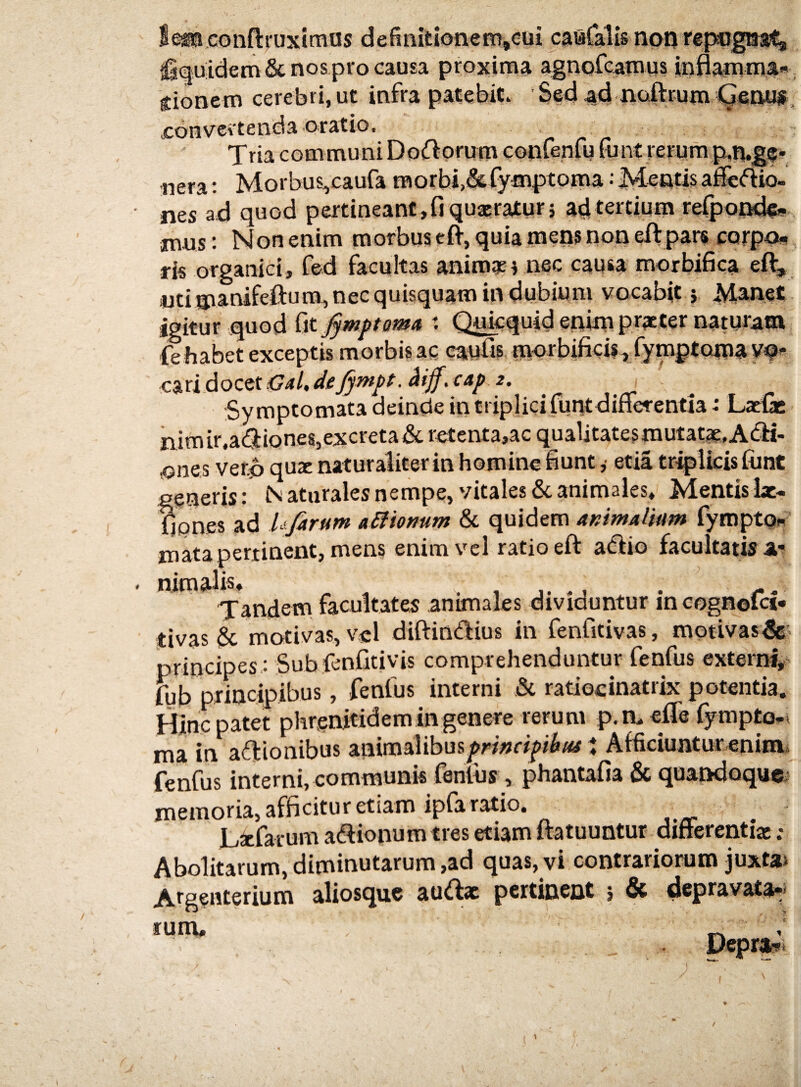 conftruximas defini£ioiiem,cui cawCalis notj repsogsala fidem & nos pro causa proxima agnofcamus inflamma fionem cerebri, ut infra patebit. Sed ad noflrum (^eous jconvertenda •oratio. Tria communi Dof^prum cotifenfu funt rerum p.n.gf- nera: Morbus^caufa morbi,&fymptoma •• Meatis affeftio- nes ad quod pertineant , fi quaeratur 5 afl tertium refpQpde» mus: Non enim morbus eft, quia mens non efl pars corpoa fis organici, fed facultas animali nec causa morbifica efl, uti manifeftura, nec quisquam in dubium vocabit} Manet igitur quod fit fimptama : Quicquid enim praeter naturam fe habet exceptis morbis ae caufls morbificif, fymptoma ¥# ^:mdocQt<^4l,iieJympt.aiff.cap2. ^ ^ Symptomata deinde in triplicifunt differentia: Lac& iiimir.a<9:ione8,excreta& rotenta,ac qualitategmuiatae.Aifii- ones verp qux naturaliter in homine fiunt ,■ etia trilicis fiint igneris: N aturales nempe, vitales & animales. Mentis lac- xmnes ad Ufirum aditonum 8c quidem ammalium fymptQi^ mata pertinent, mens enimvcl ratio eft adiio facultatis a- nima facultates animales dividuntur incognorci» tivas ^ motivas, vel diftindius in fenfitivas, motivas&' principes.: Sub fenfitivis comprehenduntur fenfus externi, fub ptincipibus, fenfus interni .& ratiocinatrix potentia. Hinc patet phrenitidemin genere rerum p. n. efle fymptopi ma in afltionibus animalibus^ri/;«ff6/i« J Afficiuntur eninii fenfus interni, communk fenlus , phantafia & quandoque^ memoria, afficitur etiam ipfa ratio. ,/r L^cfarum aiSionumtres etiam ftatuuntur differentiae ; Abolitarum, diminutarum,ad quas, vi contrariorum juxtgi Atggnterium aliosque au<flx pertinent j & depravata»* rum. /
