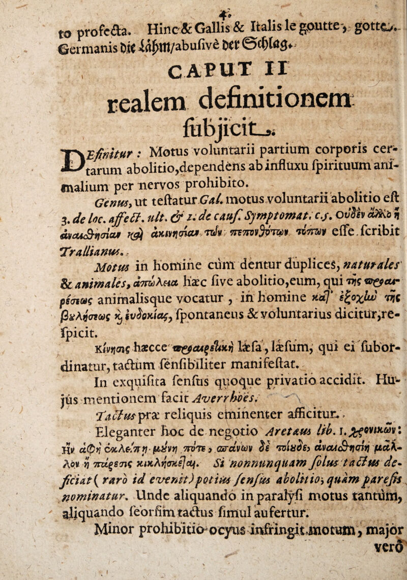 r ro profc&n Hinc £ Gallis & Italis le gpntte ©ermanis ia^ltt/abufive 3* CAPUT II irituum ani- lCltL* Efimt.ur : Motus voluntarii partium corporis cer¬ tarum abolitio,dependens tnalium per nervos prohibito, Genus* ut teftaturG'*/. motus,voluntarii abolitio eft 3. de loc. affett. «It. & u de caufi Symptomat. c.j. OvMv Mo * mcuS-ncna» atutndicu,rdu vnTm&w*. 'ilnrm effie.fcribit / Trallianum. Motus in homine cum dentur duplices, naturales & animales» «VraAe«t haec five abolitio,eum, qui wvr&eu- fiatmg animalisque vocatur , in homine xa}‘ sfyxlw m PtfAaWc ii iv$QMa$) fpontaneus & voluntarius dicitur,re- fpicit. Kmjois hxcce te&atfsItKrj l&la, libium^ qui ei fubor- dinatur, tacitum ienfibiliter manifeftat. In exquifita fenhis qqoque privatio accidit. Hu¬ jus mentionem facit Averrhbes. Taclusprx reliquis eftunenter afficitur. - Eleganter hoc de negotio Aretaus lib. i.jgovuiuv: Hi' CMAdvyfiilvti ttote , csraWv $e Tolube, dvcu&ticriij ftcik- A6v, $ 7m%e<ns xiK^melaf. si nonnunquam filus tattus de¬ ficiat { raro id evenit) potius /en/us abolitio, quam parefis nominatur. Unde aliquando in paralyfi motus tantum, aliquando lebrfimtadus fimul aufertur. Minor prohibitia ocyus infringit motum, major - - - * %•, vero y 1