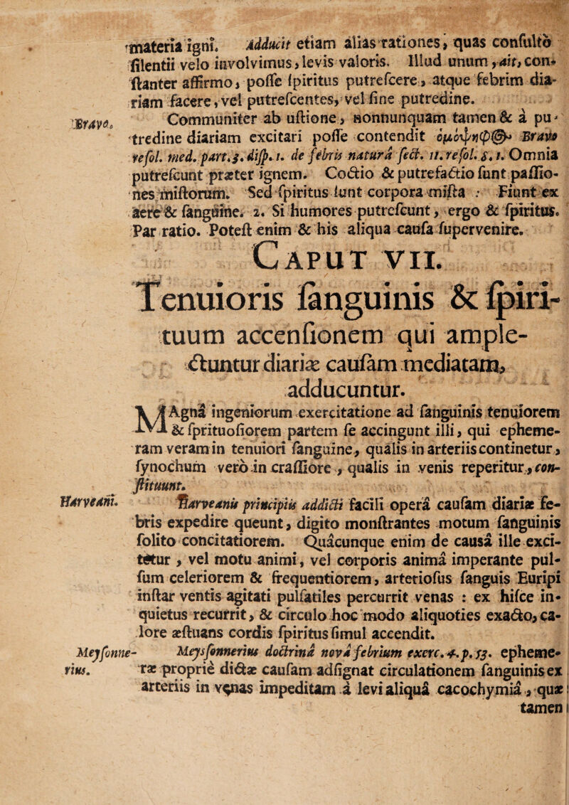 ^materia Igni Addmt etiam alias rationes i quas confulto filentii velo involvimus > levis valoris. Illud unum ,4if> com ftanter affirmo j pofle (piriuis putrefcere, atque febrim dia- riam facere, vel putrefcentes, veliine putredine. «Wtf. Communiter ab uftione > aonnunquam tamen a pu^ tredine diariam excitari poffe contendit Bram fefoL med,:parhs* dijp» u de febris natura feci:, ji, refoU s* /. Omnia putrefeunt prafter ignem. Codio & putrefadio funt pailio- nes rniftorum. Sed fpiritus iunt corpora mifta : Fiunt e« iteret (anguine. 2. Si humores putrefGunt, ergo & fpiriti». Par ratio. Poteft enim & bis aliqua catifa fupervenire. Caput vii. Tenuioris lapguinis Sc Ipiri- ituutn accenOonem qui ample- <5tuntur diariae caulam mediatam» adducuntur. \ ^ AgnS ingeniorum exercitatione ad fanguinis tenuiorem IVi.^rprituofiorem partem fe accingunt illi, qui epheme- ram veram in tenuiori (anguine , qualis in arteriis continetur , rynochum veroincrafGore , qualis in venis reperituT>ro»- ^ ftituunu ffarvitdm. ^arveanii principiis addidi facili opera caufam diaris fe¬ bris expedire queunt, digito monftrantes motum fanguinis folito concitatiorem. Quacunque enim de causa ille exci¬ tatur , vel motu animi, veJ corporis anima imperante piil- fum celeriorem & frequentiorem, arteriofus fanguis Euripi inftar ventis agitati pulfadles percurrit venas : ex hifce in¬ quietus recurrit, & circulo hoc modo aliquoties exacto,ca¬ lore aeftuans cordis fpiritus (imul accendit. Mejfonne- Meysfhnnerm dodrina novi febrium exerc, 4^ p,S3* epheme¬ ris. r« proprie di^« caufam adfignat circulationem fanguinis ex arteriis in v^ias impeditam a levi aliqui cacochymia, qu«: tamen 1